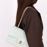 Ultra-Rare Chanel Medium Suede Classic Double Flap Stone Baby Blue 1993 24K GP