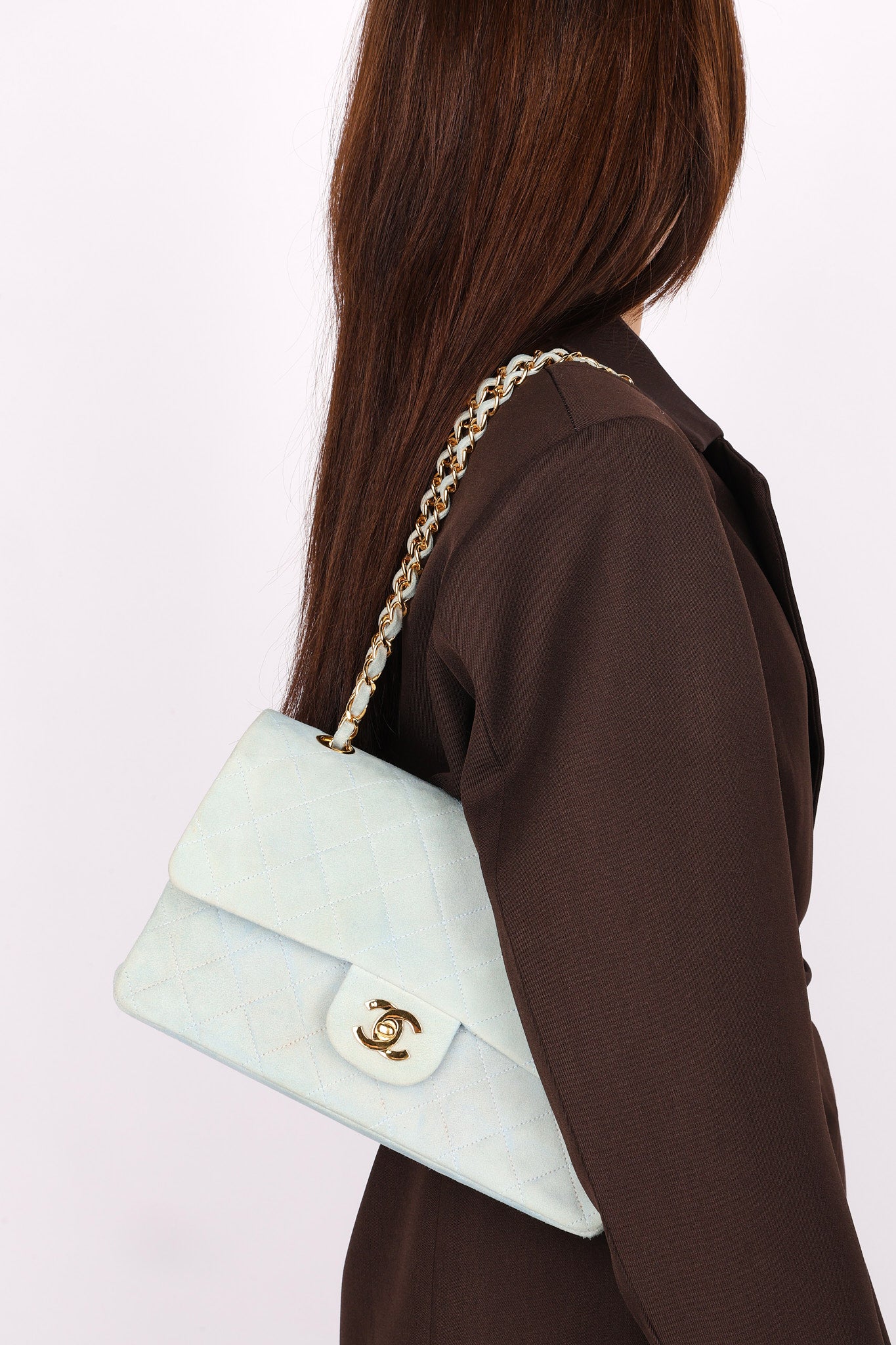 Ultra-Rare Chanel Medium Suede Classic Double Flap Stone Baby Blue 1993 24K GP