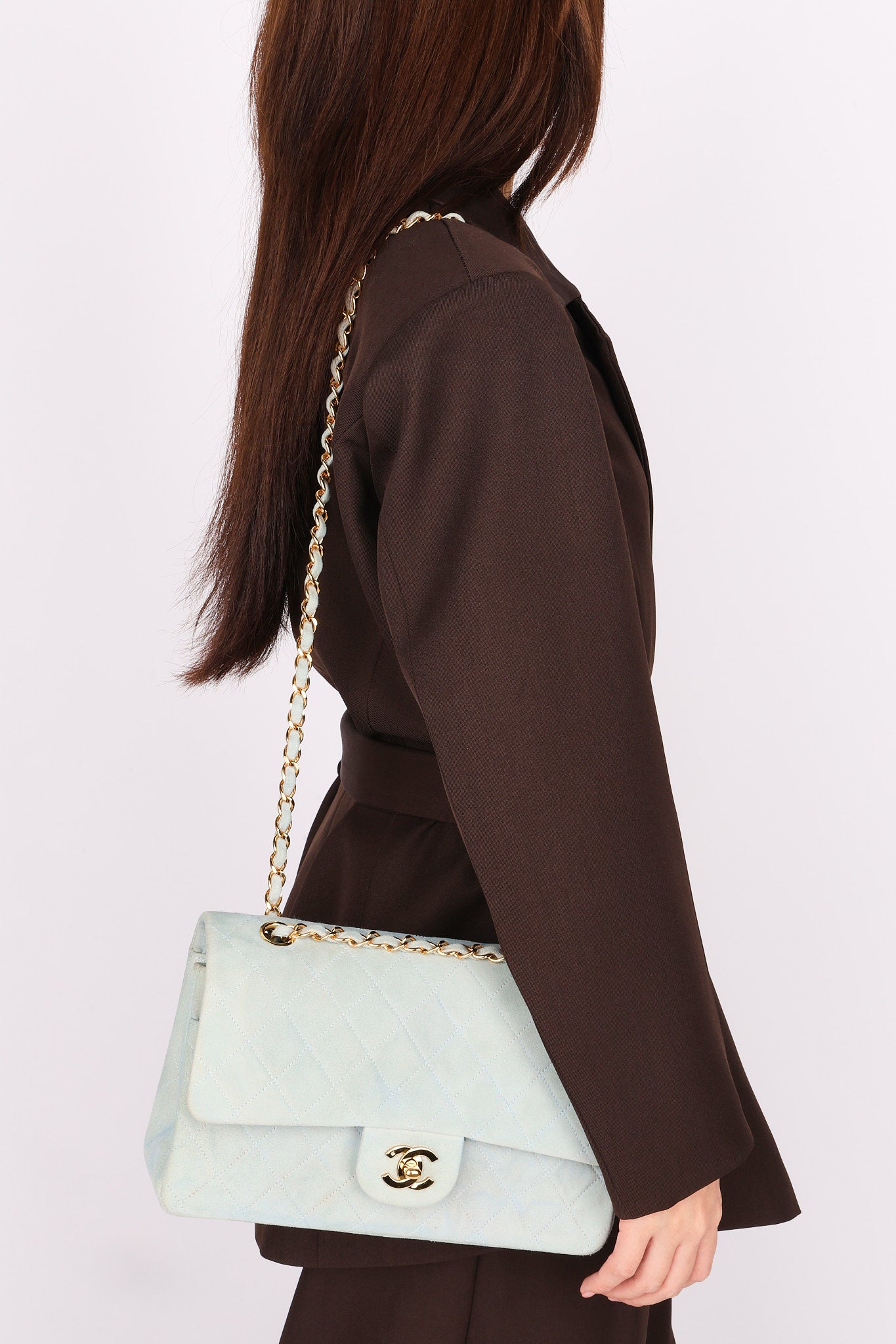 Ultra-Rare Chanel Medium Suede Classic Double Flap Stone Baby Blue 1993 24K GP