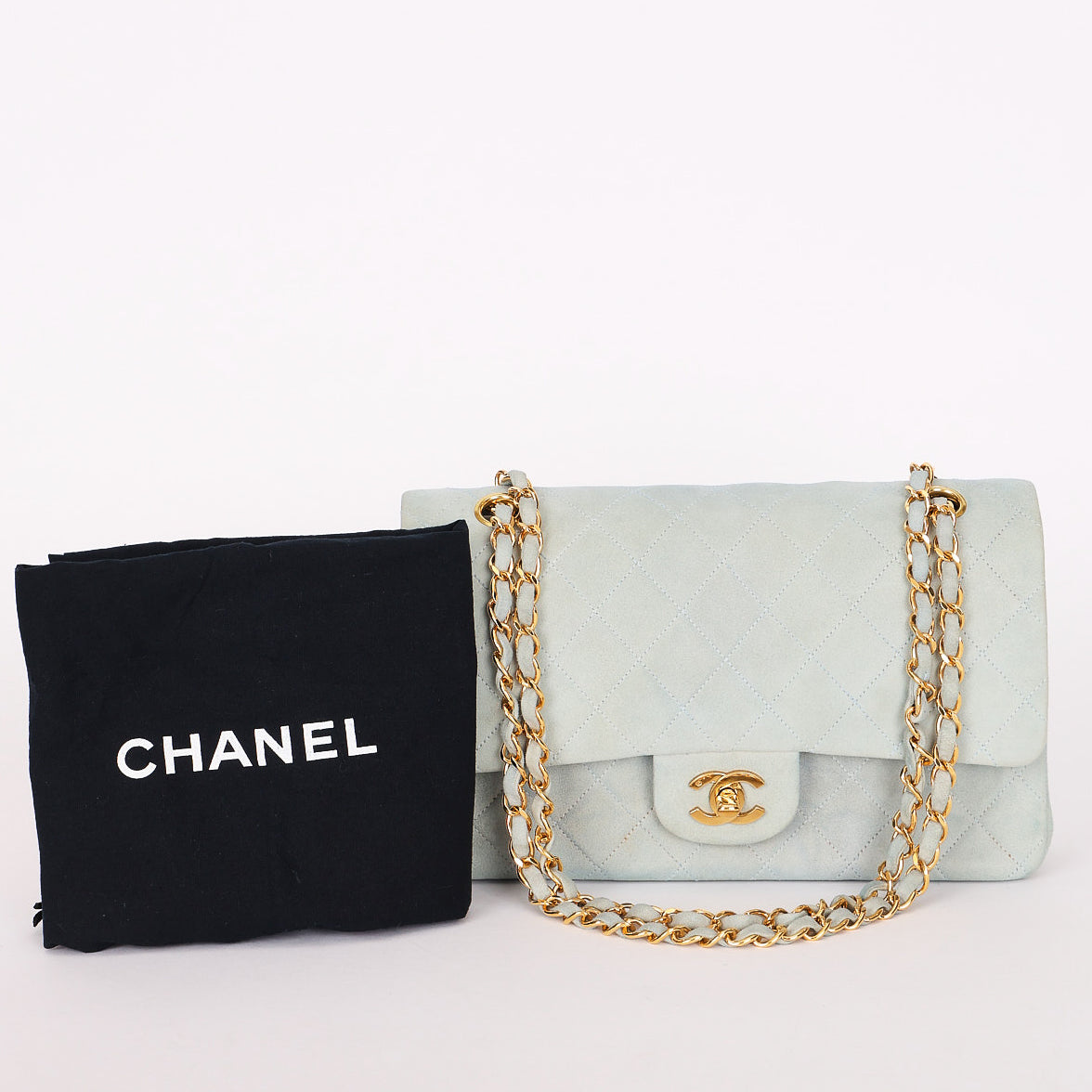 Chanel Medium Classic Double Flap Light Blue Suede 24K GP