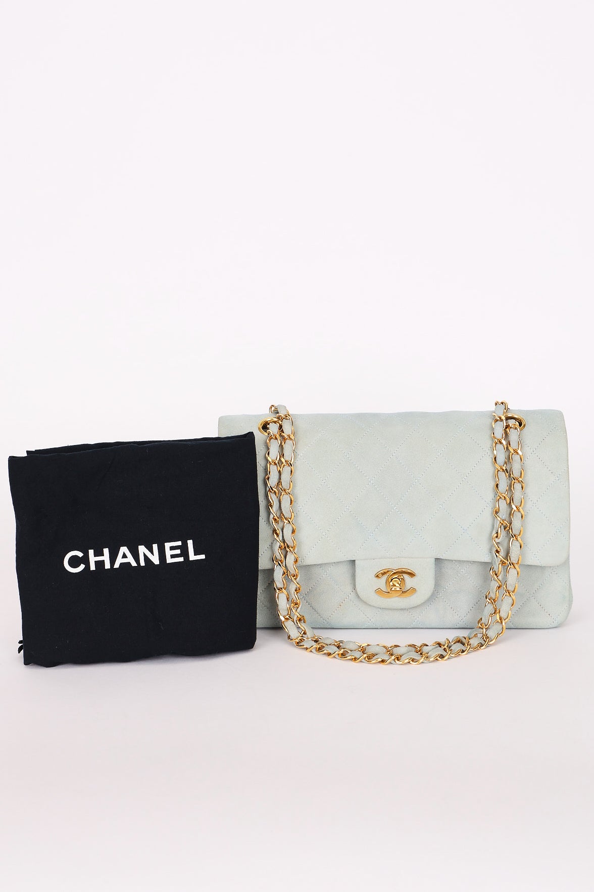 Chanel Medium Classic Double Flap Light Blue Suede 24K GP