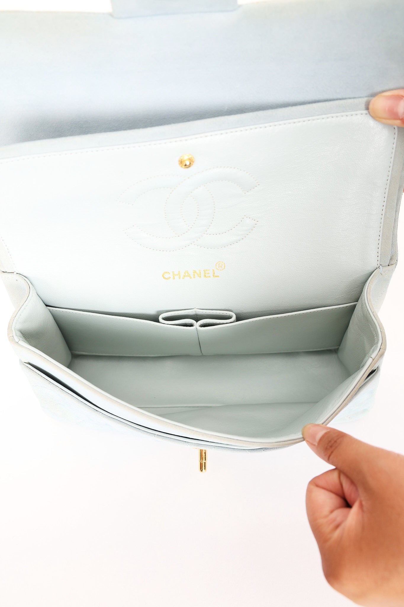Chanel Medium Classic Double Flap Light Blue Suede 24K GP