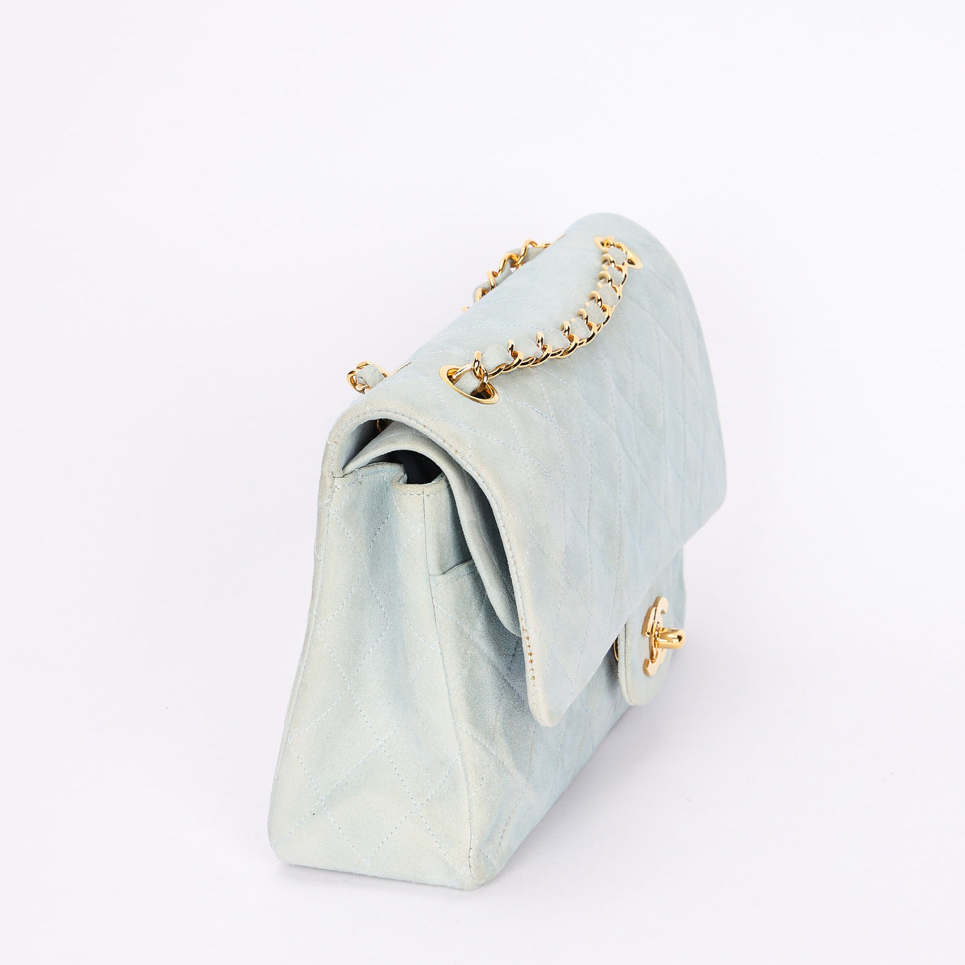 Ultra-Rare Chanel Medium Suede Classic Double Flap Stone Baby Blue 1993 24K GP