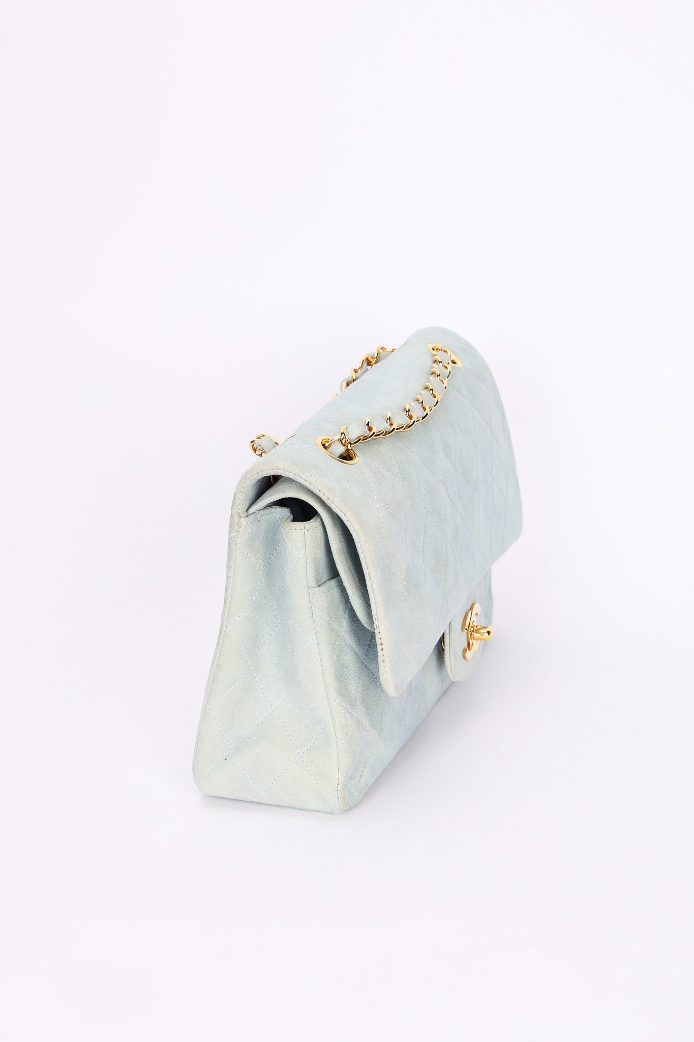 Ultra-Rare Chanel Medium Suede Classic Double Flap Stone Baby Blue 1993 24K GP