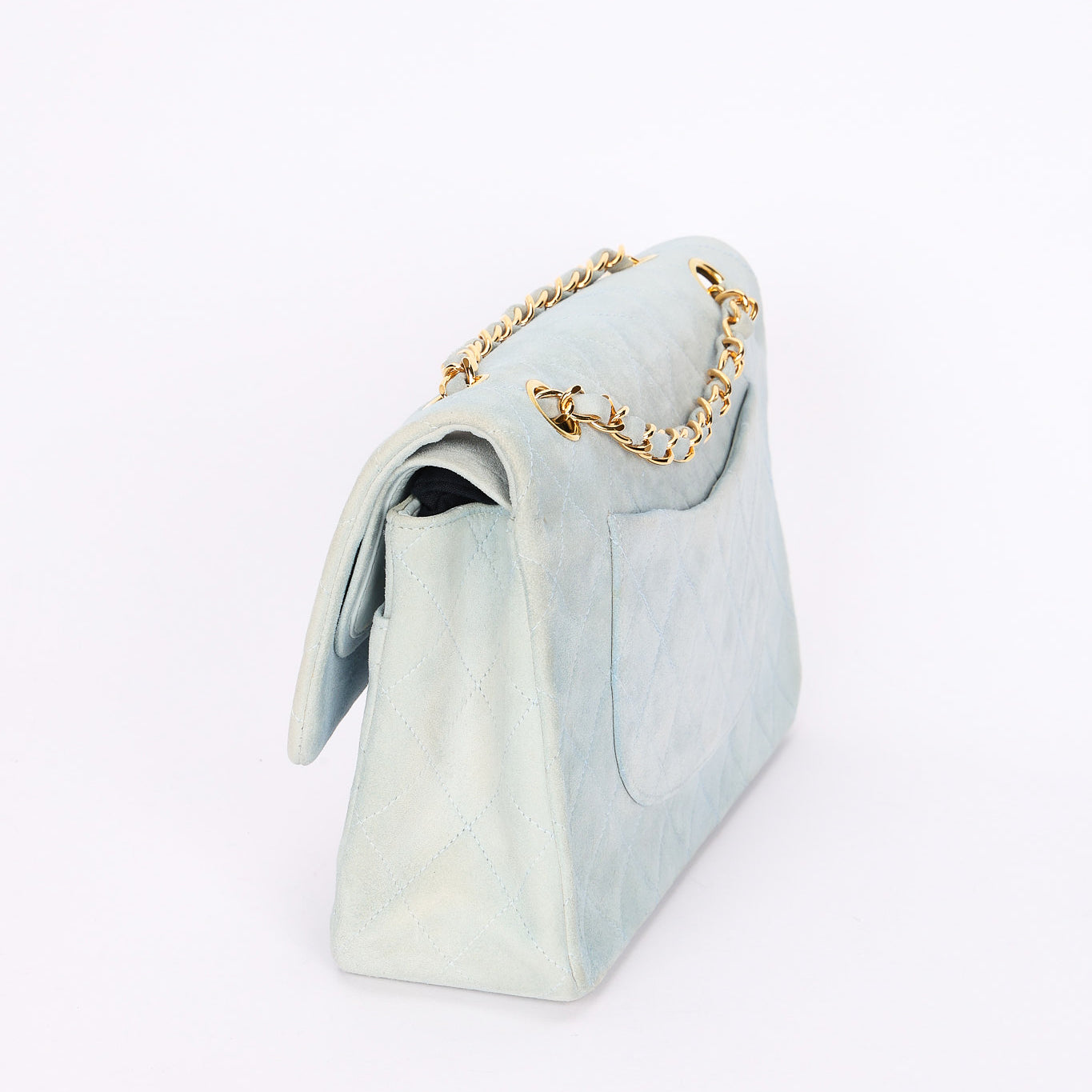 Ultra-Rare Chanel Medium Suede Classic Double Flap Stone Baby Blue 1993 24K GP