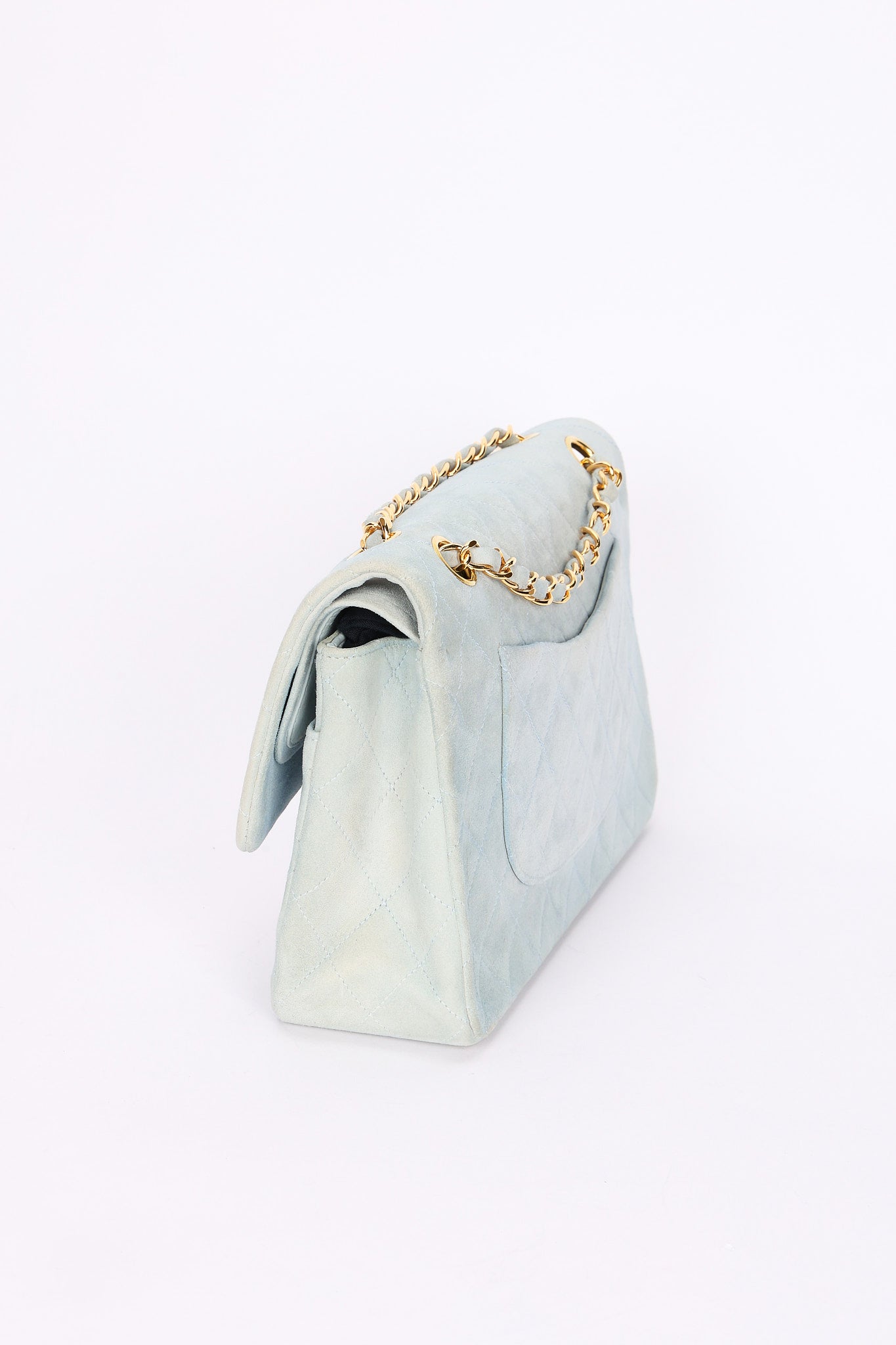 Ultra-Rare Chanel Medium Suede Classic Double Flap Stone Baby Blue 1993 24K GP