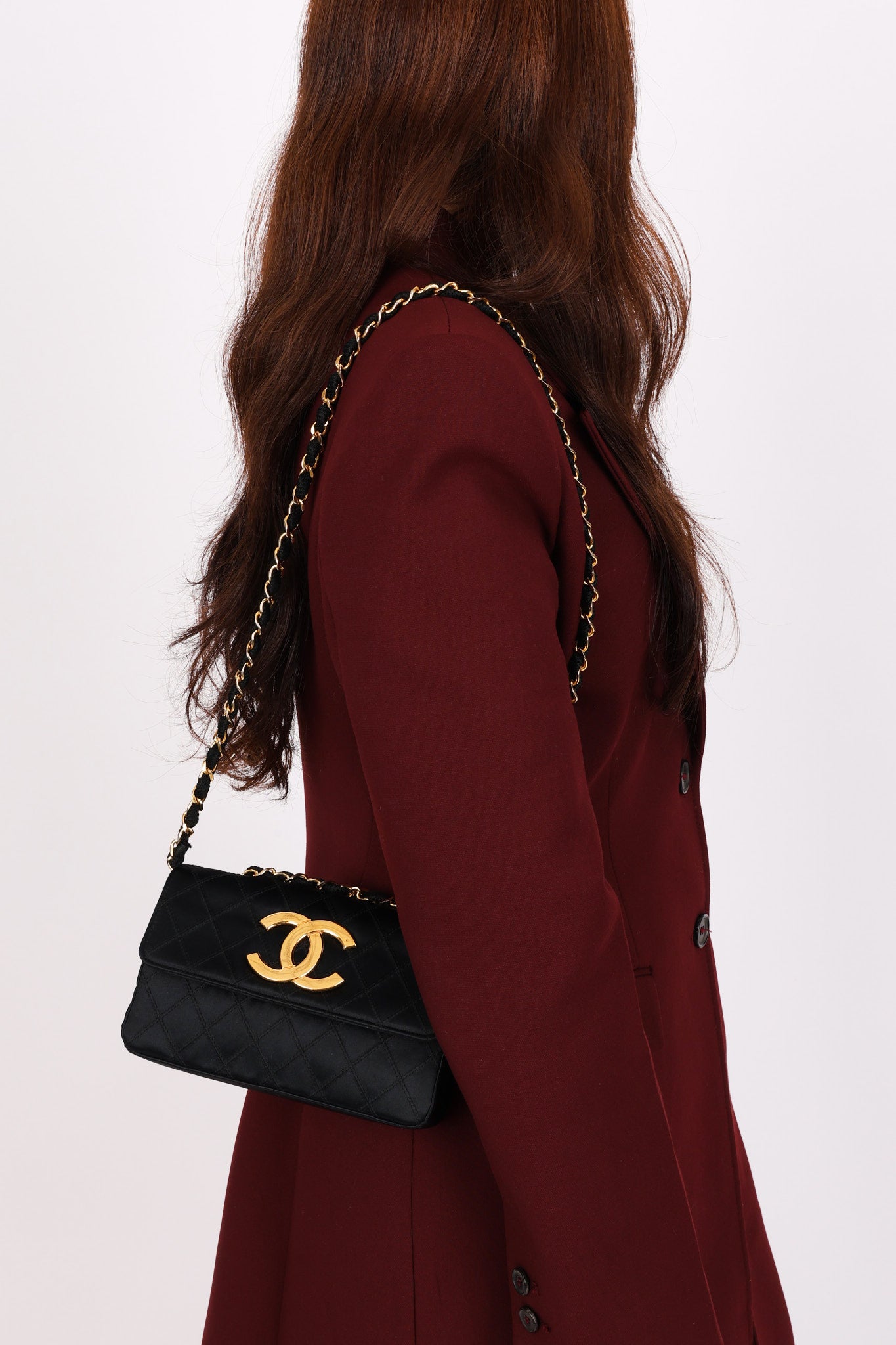 Chanel XL Logo Mini Flap Black Satin 24K GP