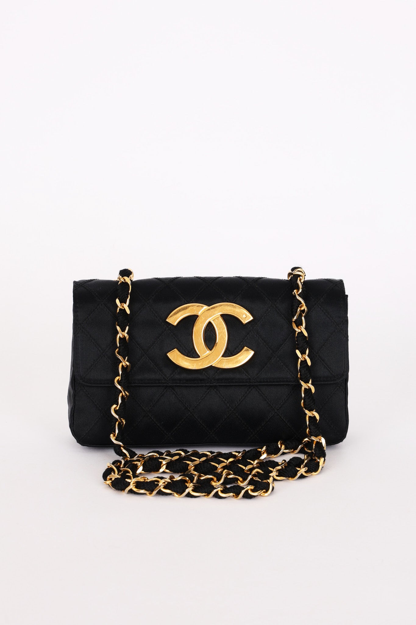 Chanel XL Logo Mini Flap Black Satin 24K GP