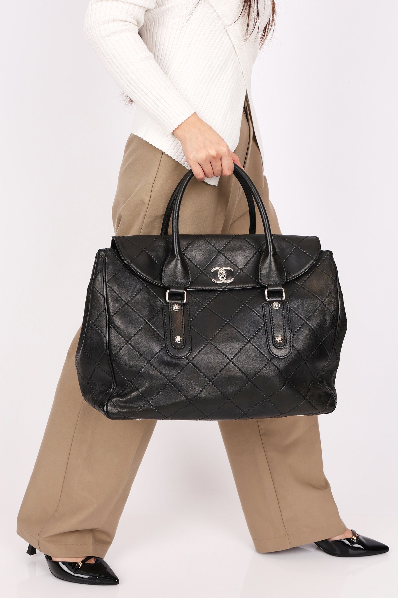 Chanel Turnlock Flap Top Handle Bag Black Calfskin SHW