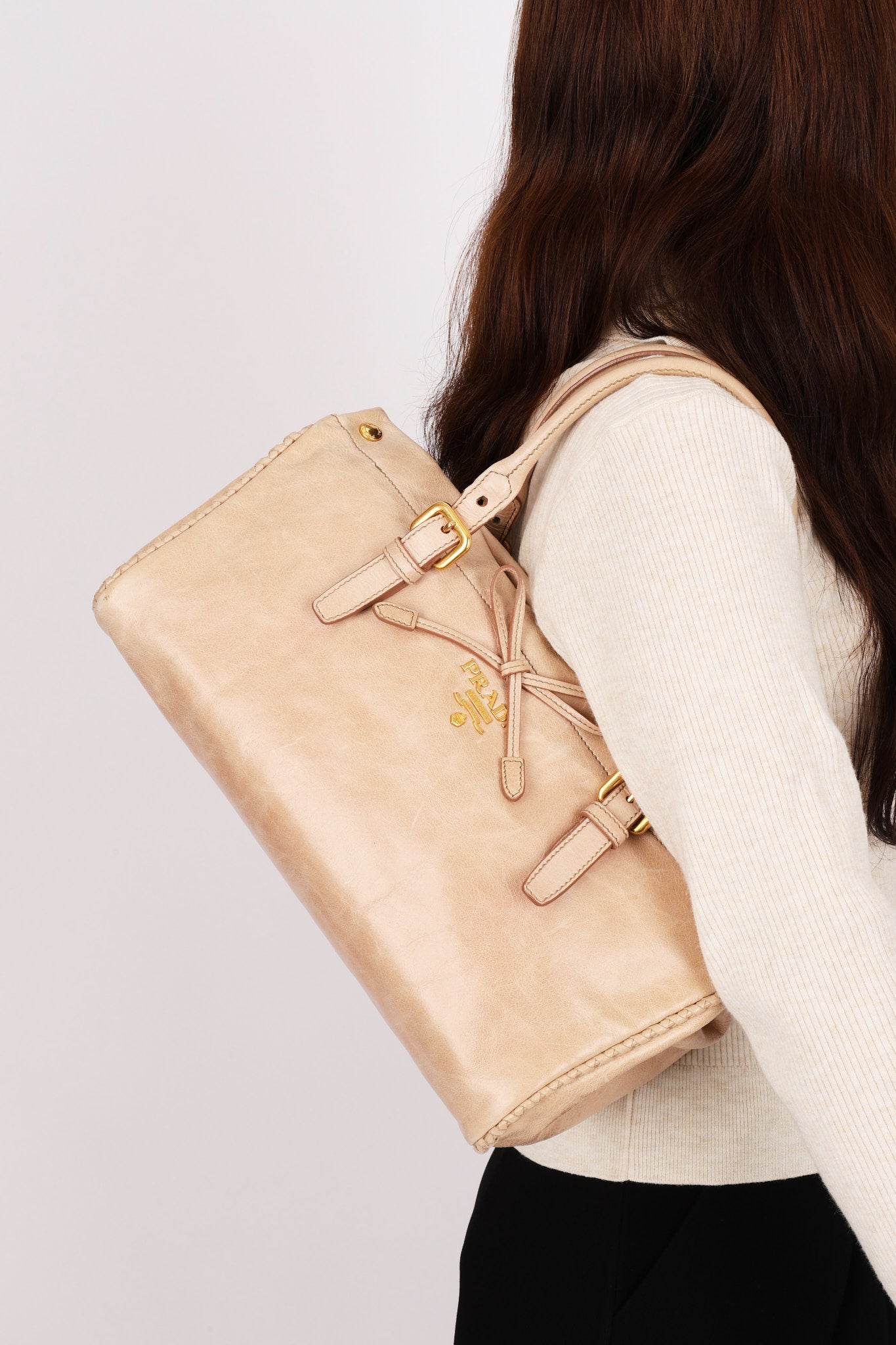 Prada Bow Top Handle Shopping Bag Beige Vitello Shine