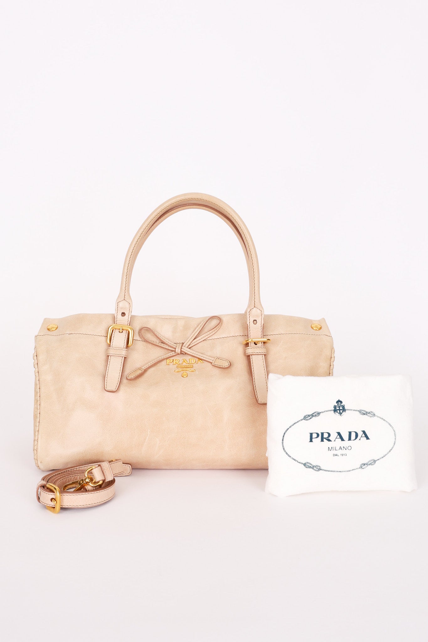 Prada Bow Top Handle Shopping Bag Beige Vitello Shine