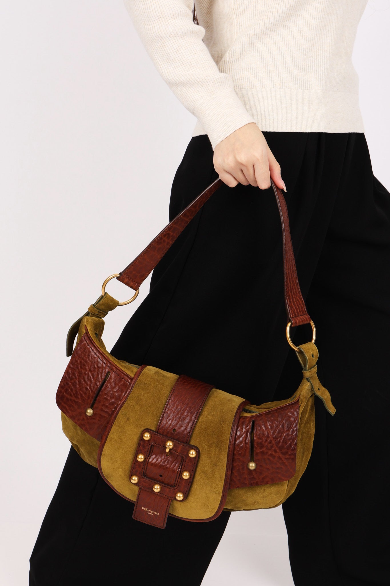 Yves Saint Laurent Rive Gauche Shoulder Bag Green Suede