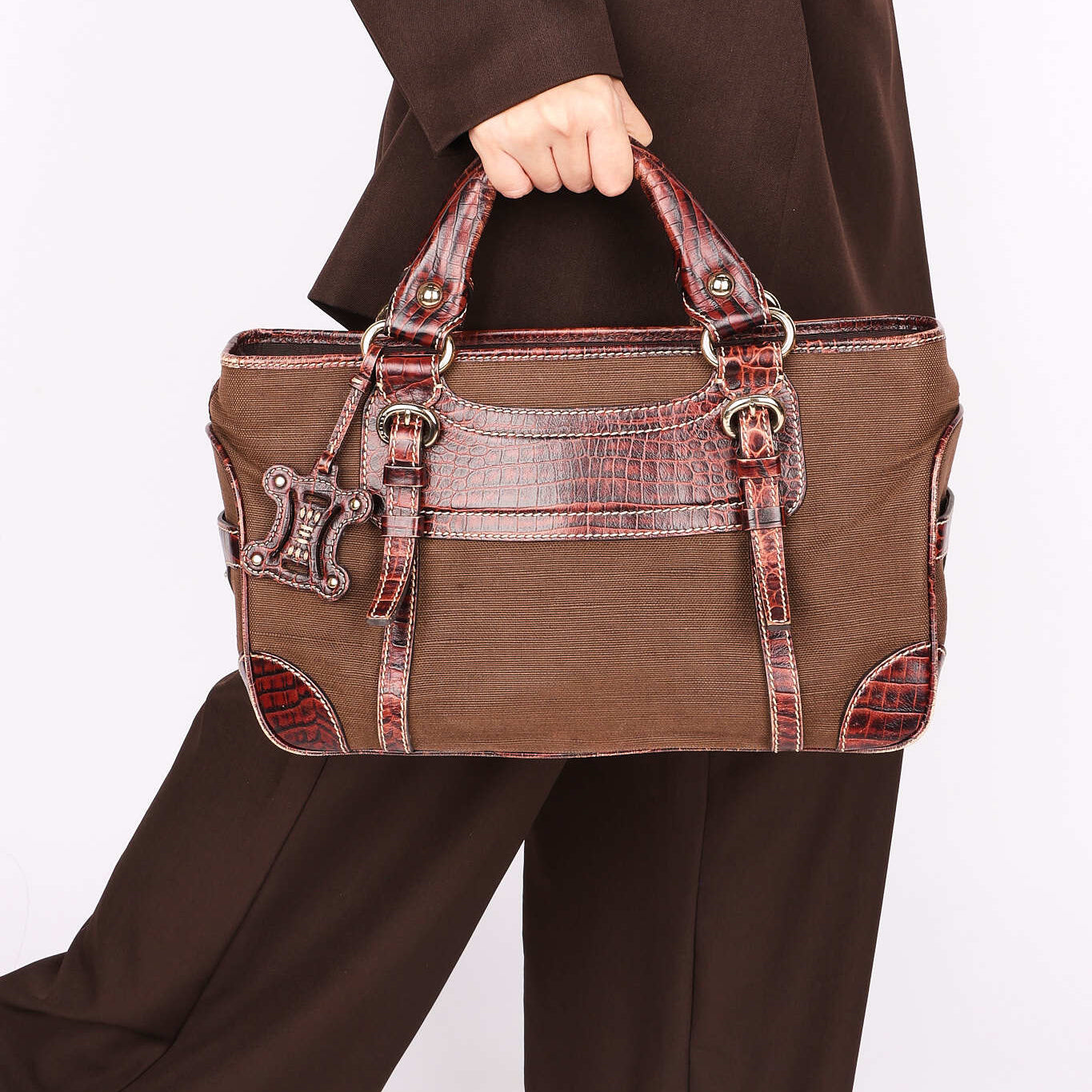 Celine Alligator-Trimmed Linen Boogie Bag