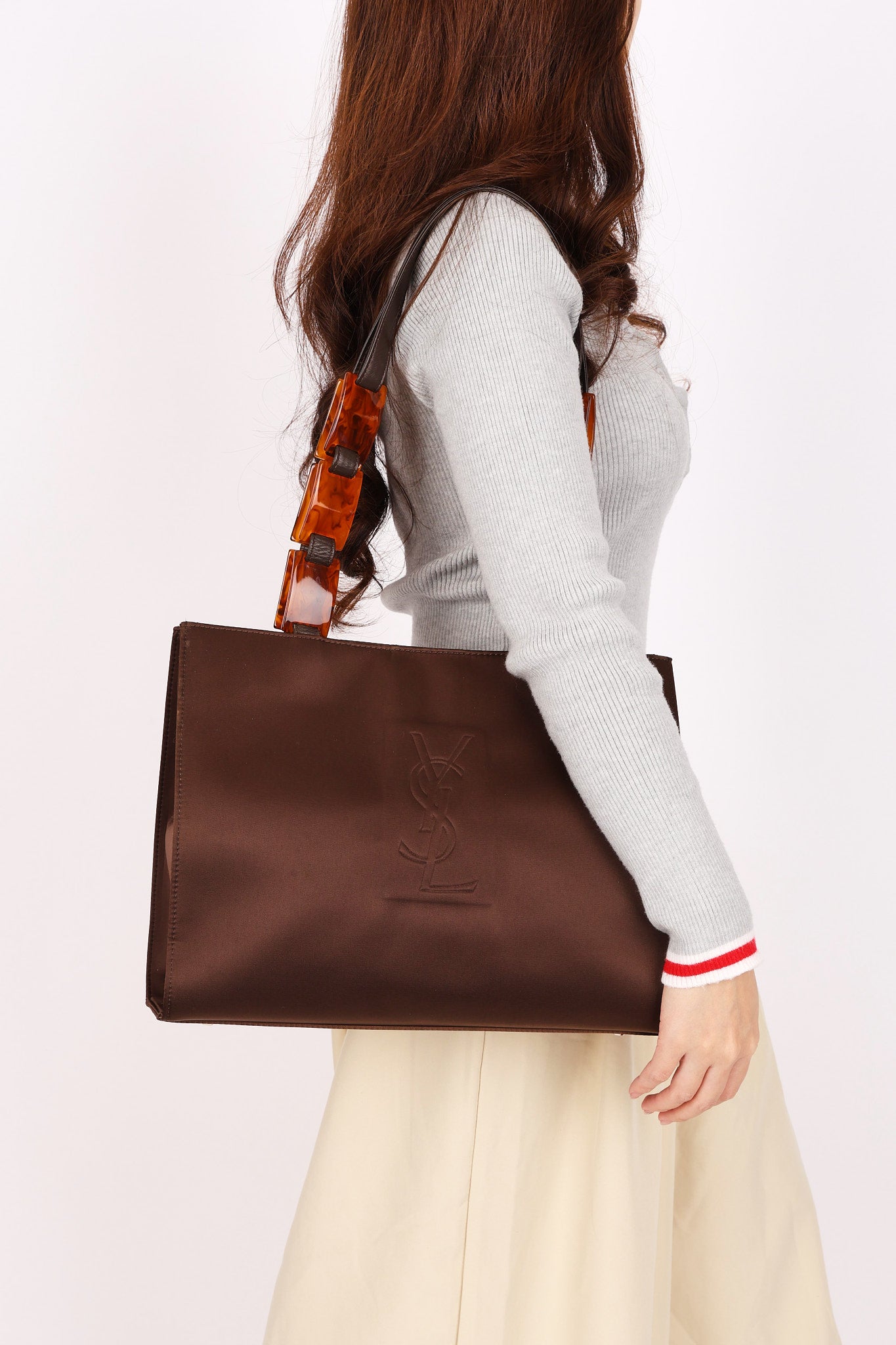 Yves Saint Laurent Tote with Tortoise Shell Chain Brown Nylon