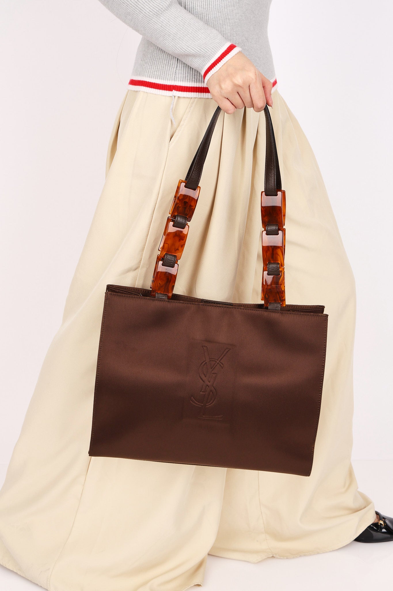 Yves Saint Laurent Tote with Tortoise Shell Chain Brown Nylon