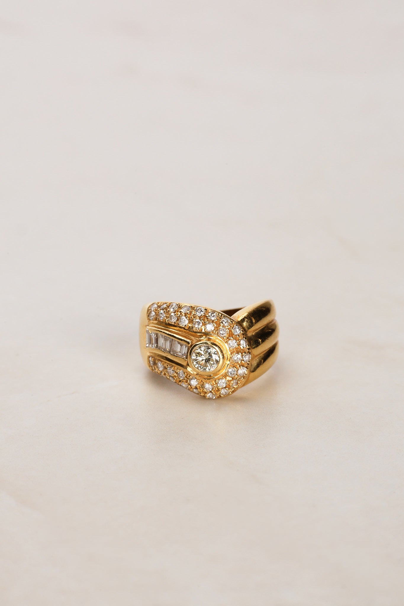 18K Yellow Gold and Diamond Crossover Ridged Ring, Size US 5.25