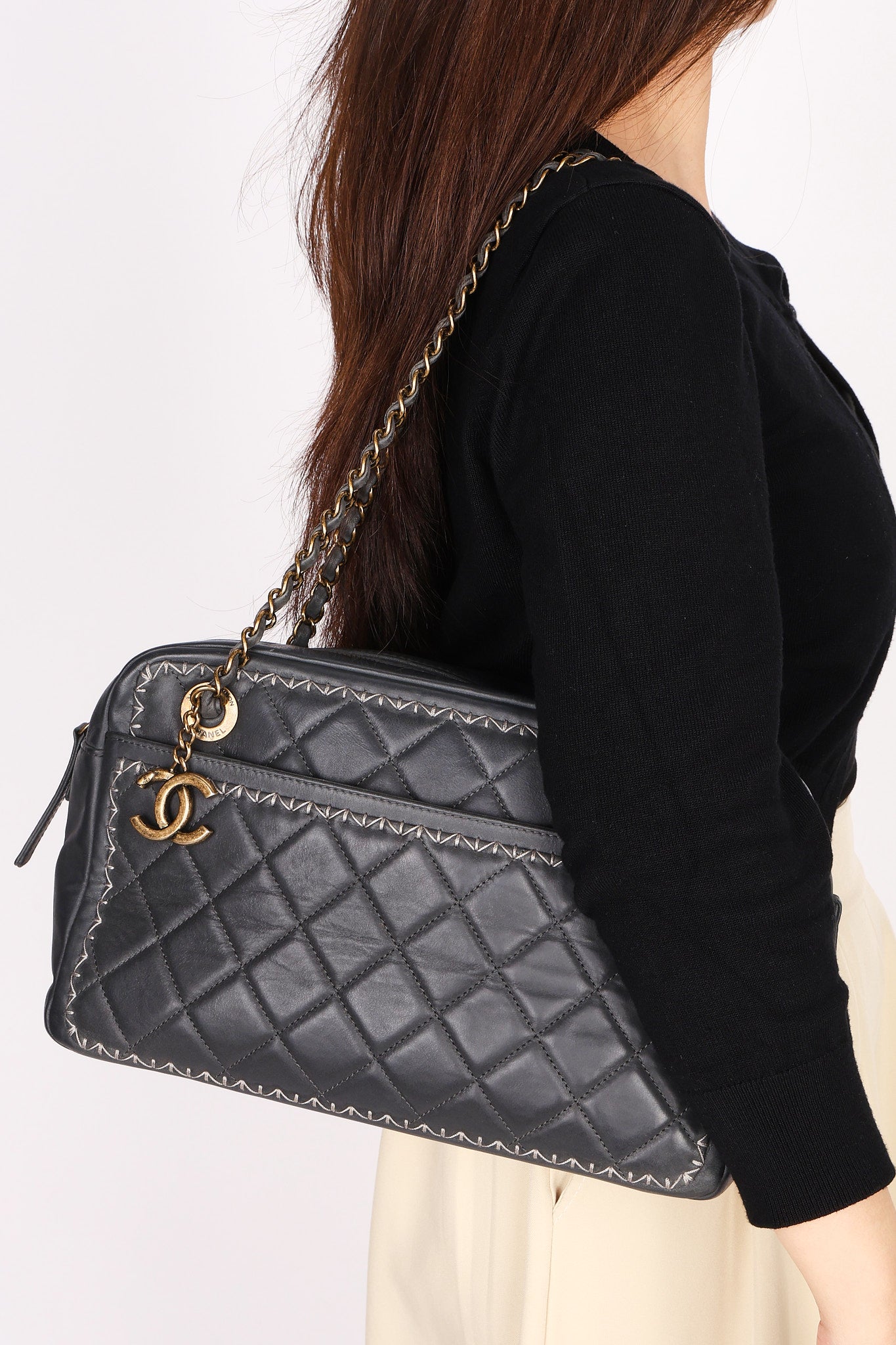 Chanel Whipstitch Camera Bag Gray Calfskin 2015 RHW