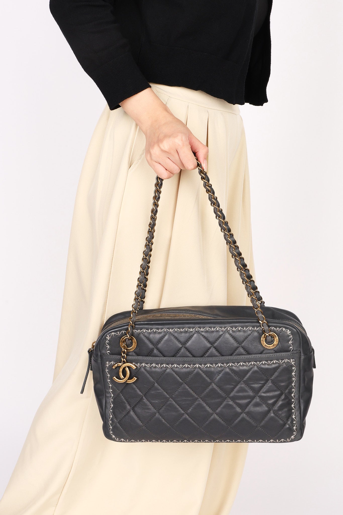 Chanel Whipstitch Camera Bag Gray Calfskin 2015 RHW