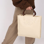 Chanel Wooden Top Handle Tote White Caviar
