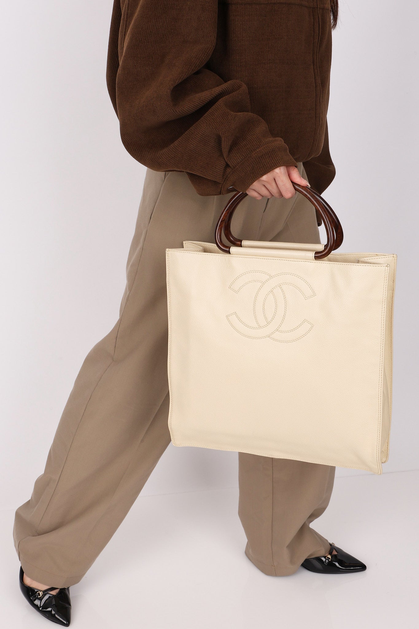 Chanel Wooden Top Handle Tote White Caviar