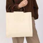 Chanel Wooden Top Handle Tote White Caviar