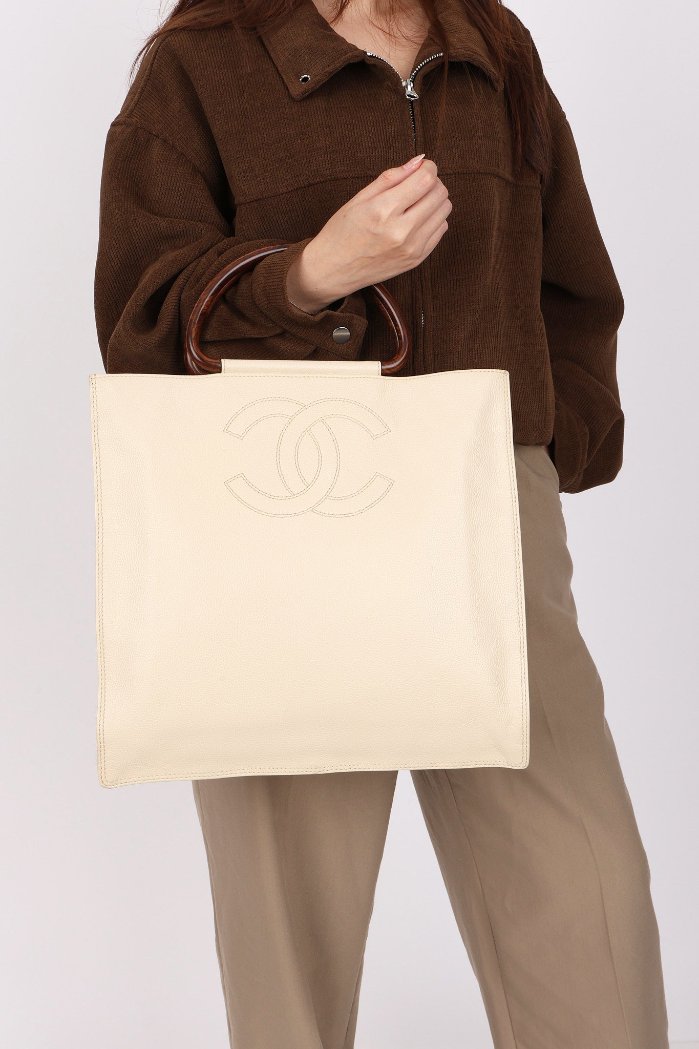 Chanel Wooden Top Handle Tote White Caviar