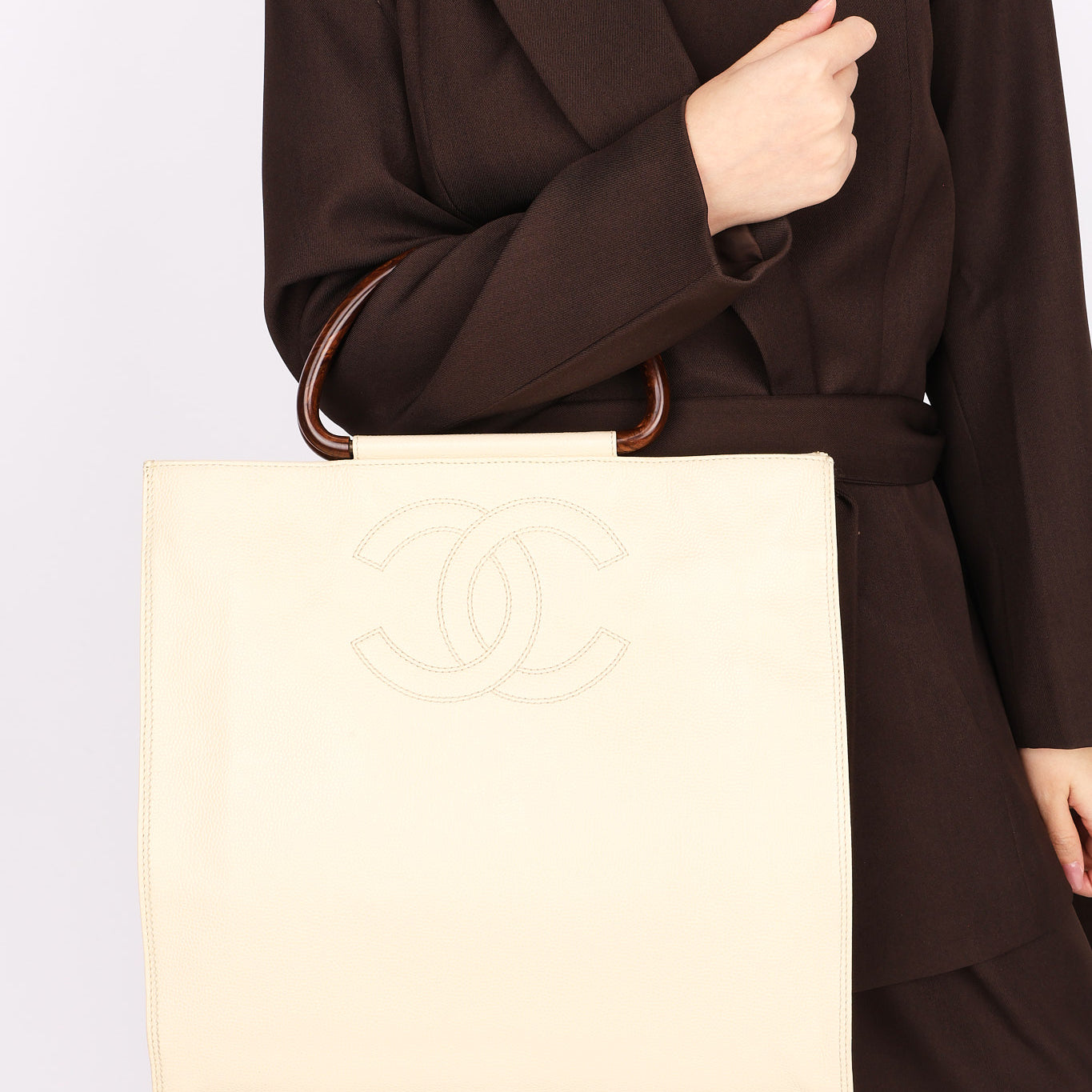 Chanel Wooden Top Handle Tote Cream Caviar 2002
