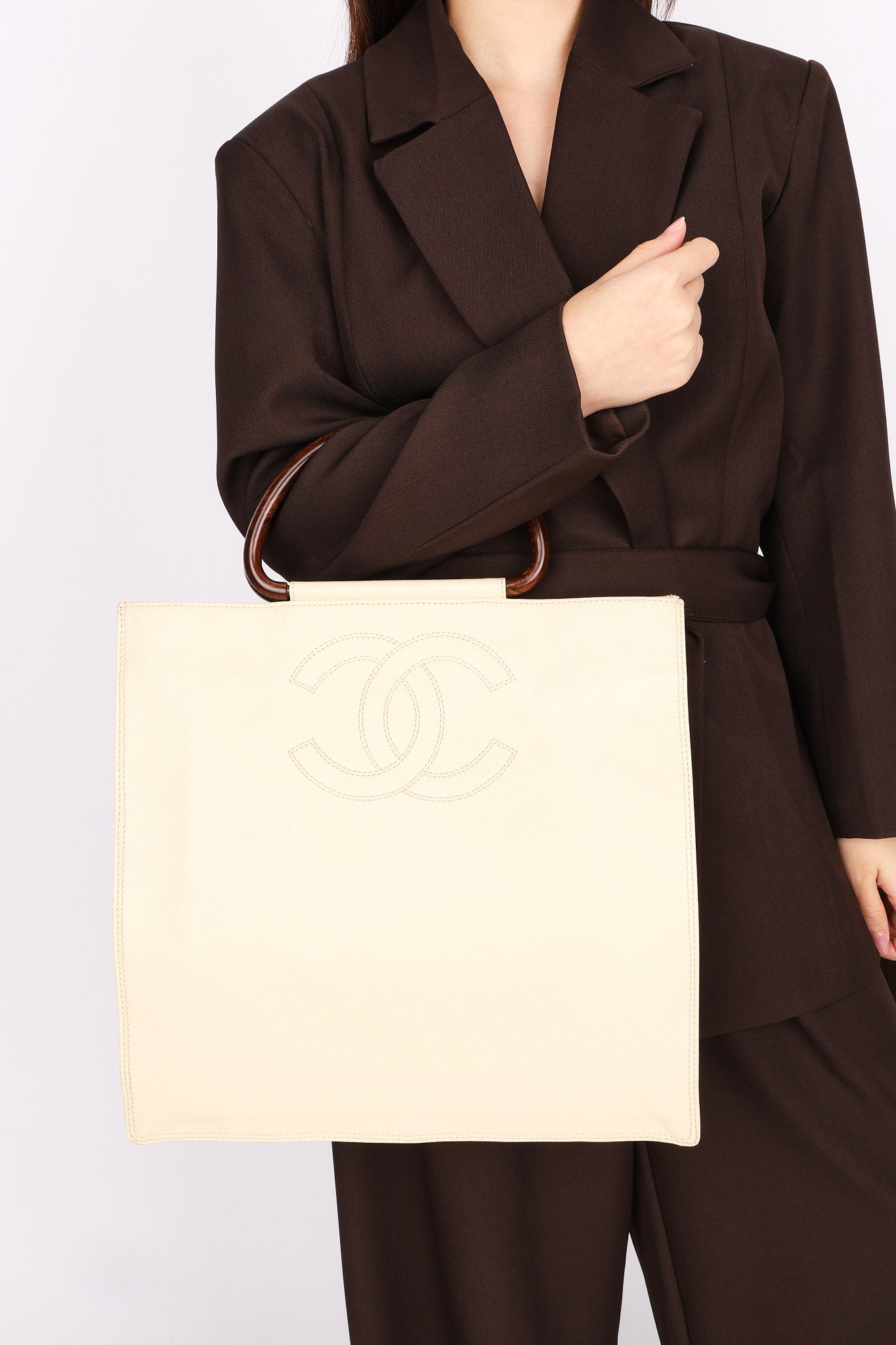 Chanel Wooden Top Handle Tote Cream Caviar 2002
