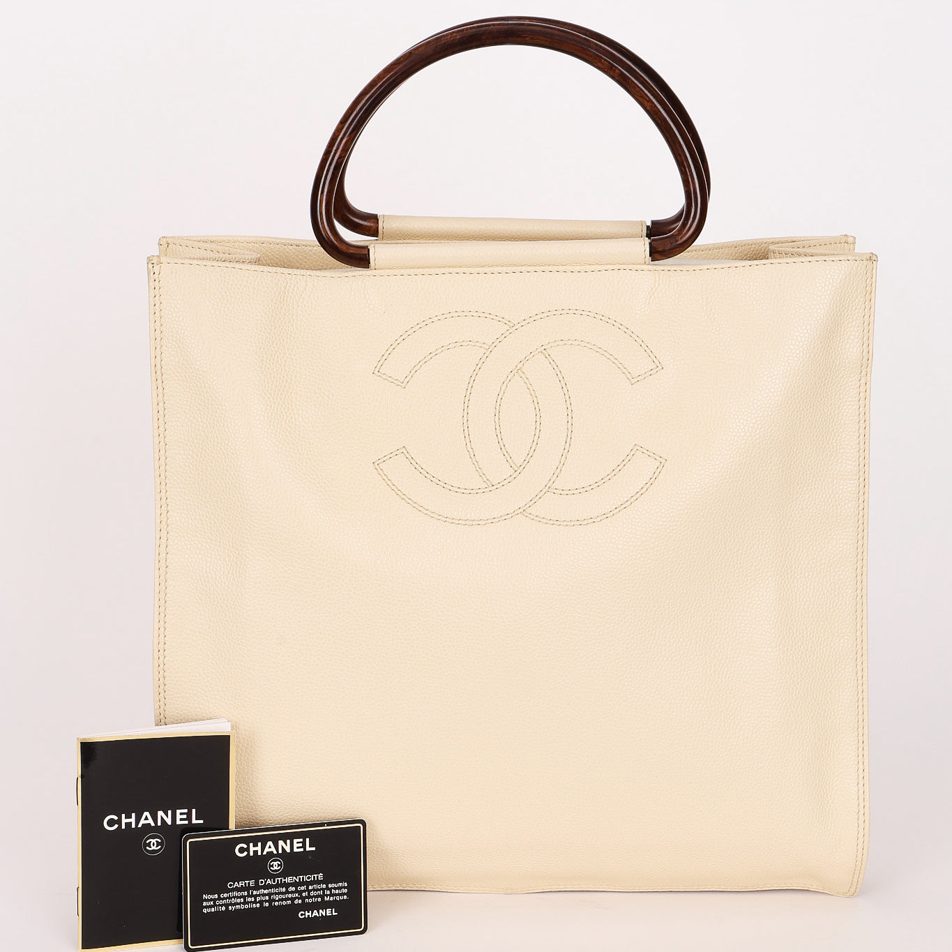 Chanel Wooden Top Handle Tote White Caviar