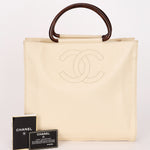 Chanel Wooden Top Handle Tote White Caviar