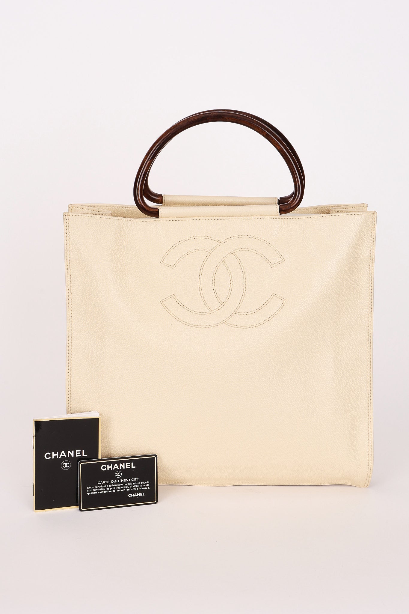 Chanel Wooden Top Handle Tote White Caviar