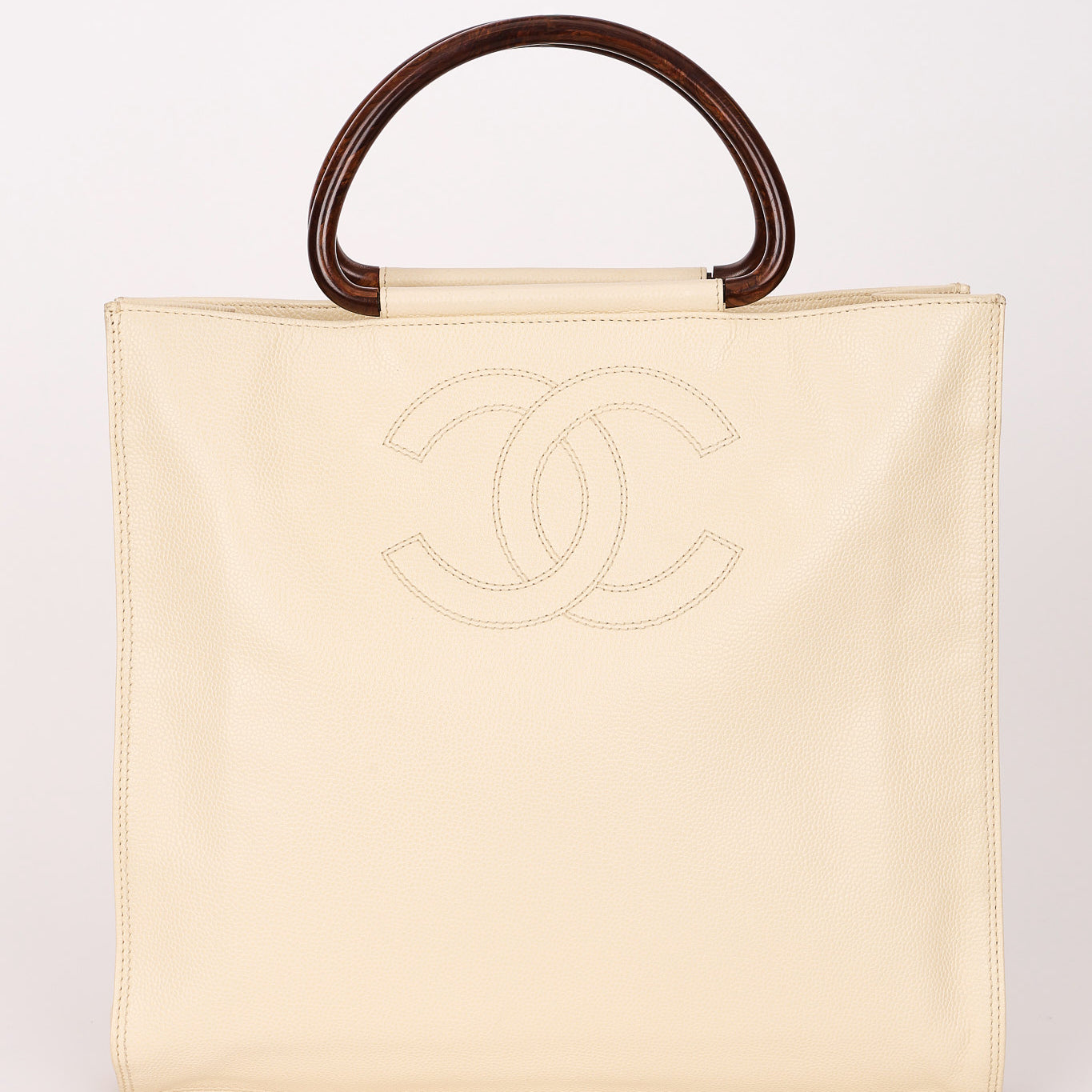 Chanel Wooden Top Handle Tote White Caviar