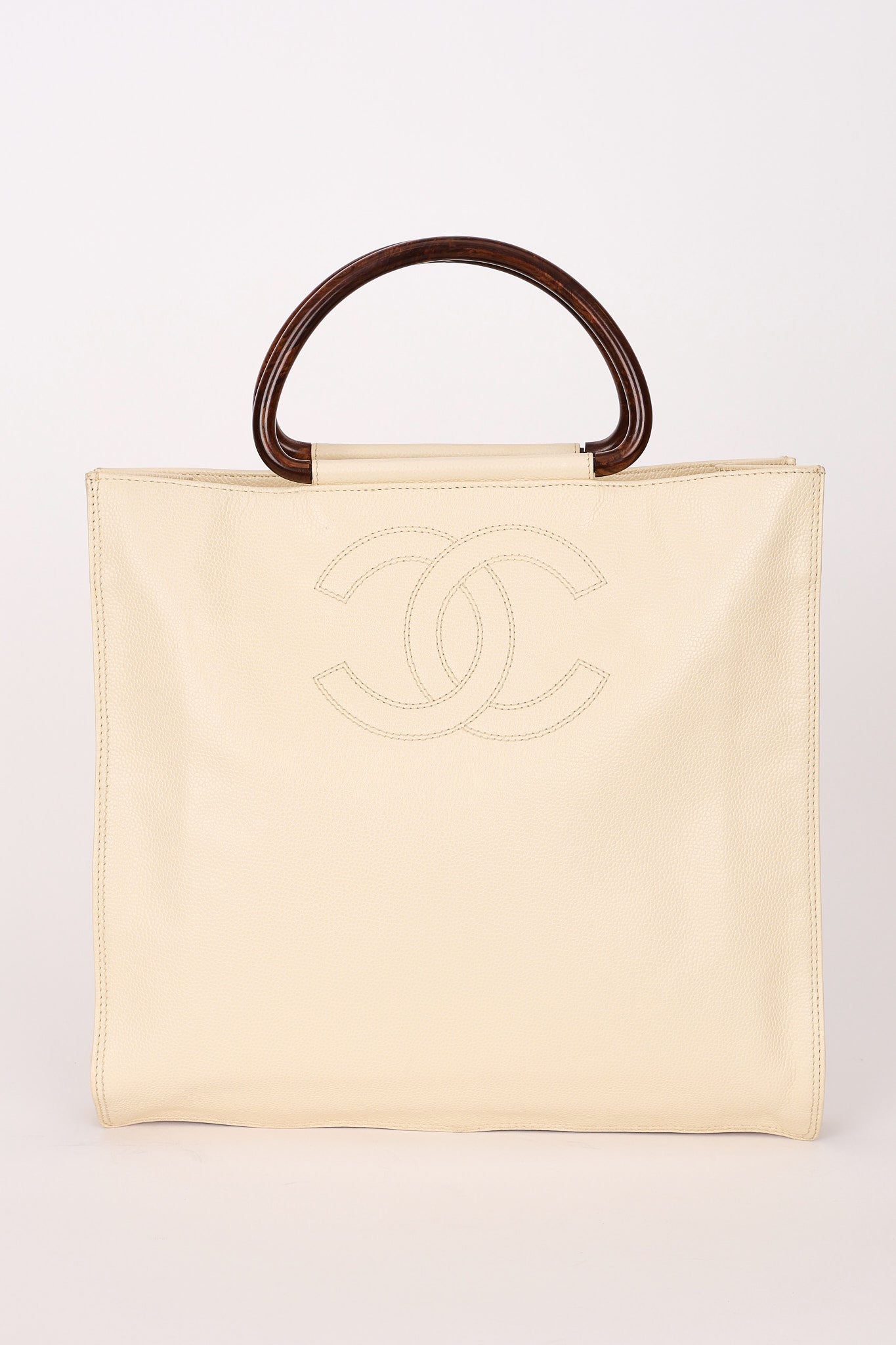 Chanel Wooden Top Handle Tote White Caviar