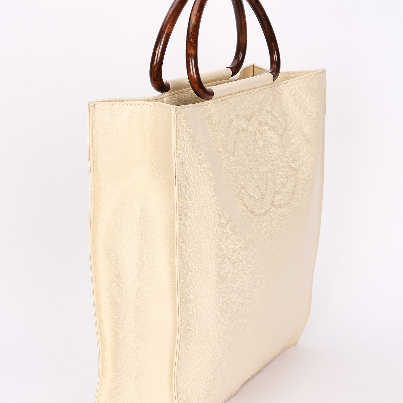 Chanel Wooden Top Handle Tote Cream Caviar 2002