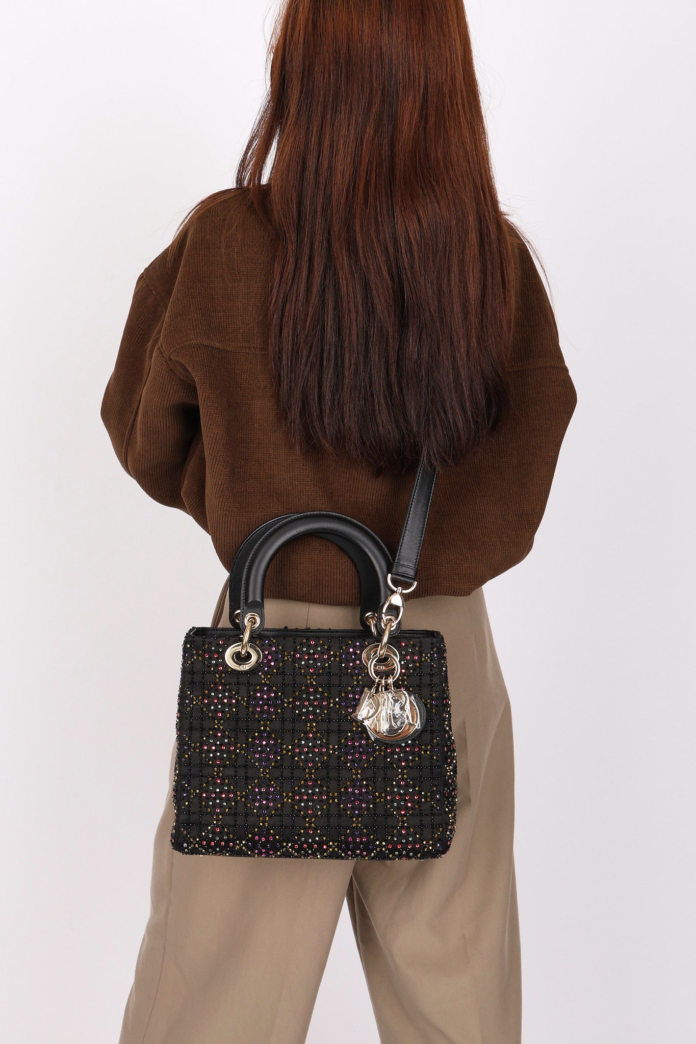 Dior Multicolor Beaded Medium Lady Black Satin