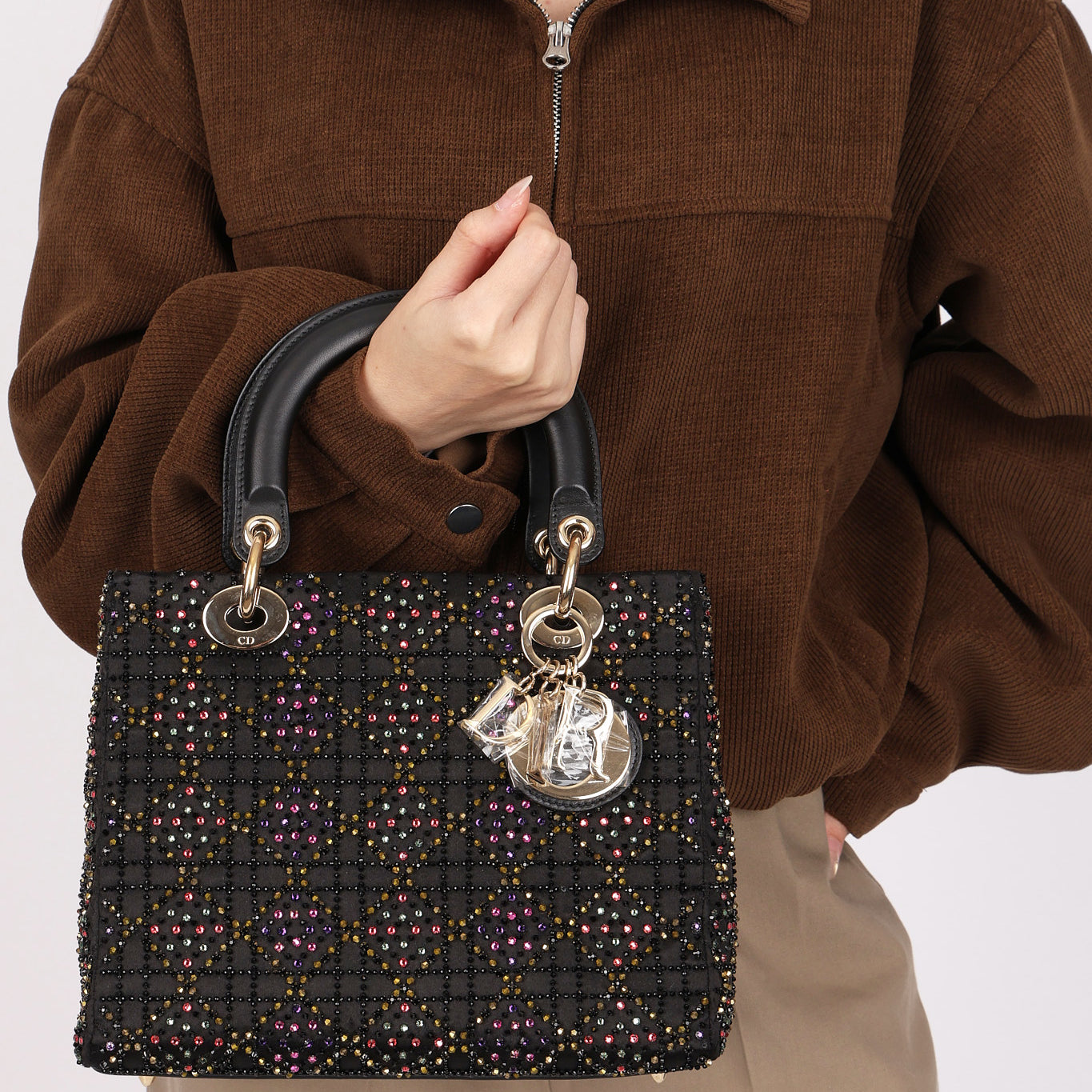 Dior Multicolor Beaded Medium Lady Black Satin