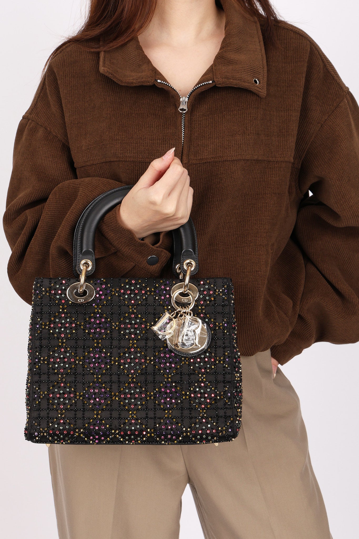 Dior Multicolor Beaded Medium Lady Black Satin