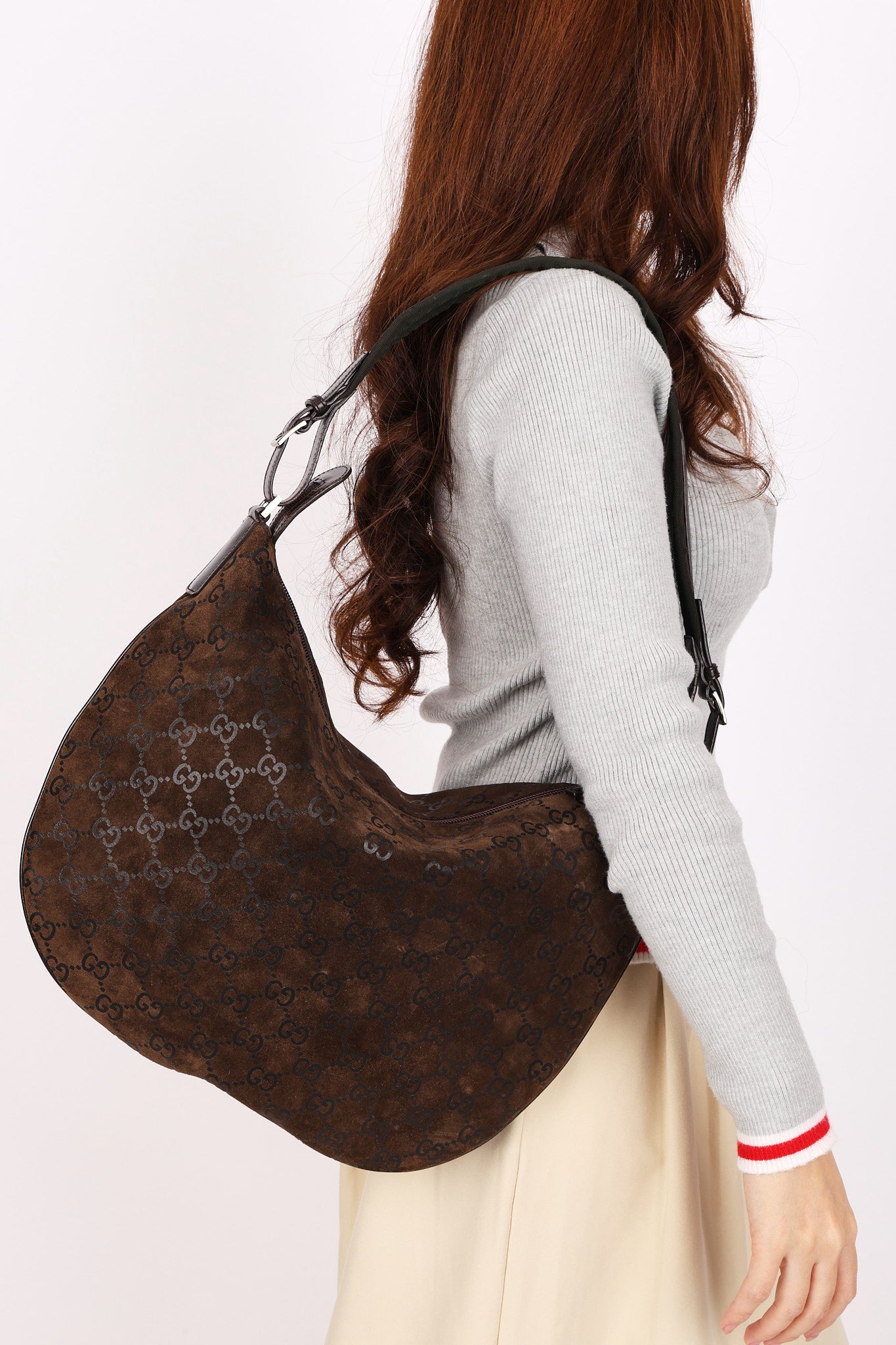 Gucci Monogram Shoulder Bag Brown Suede