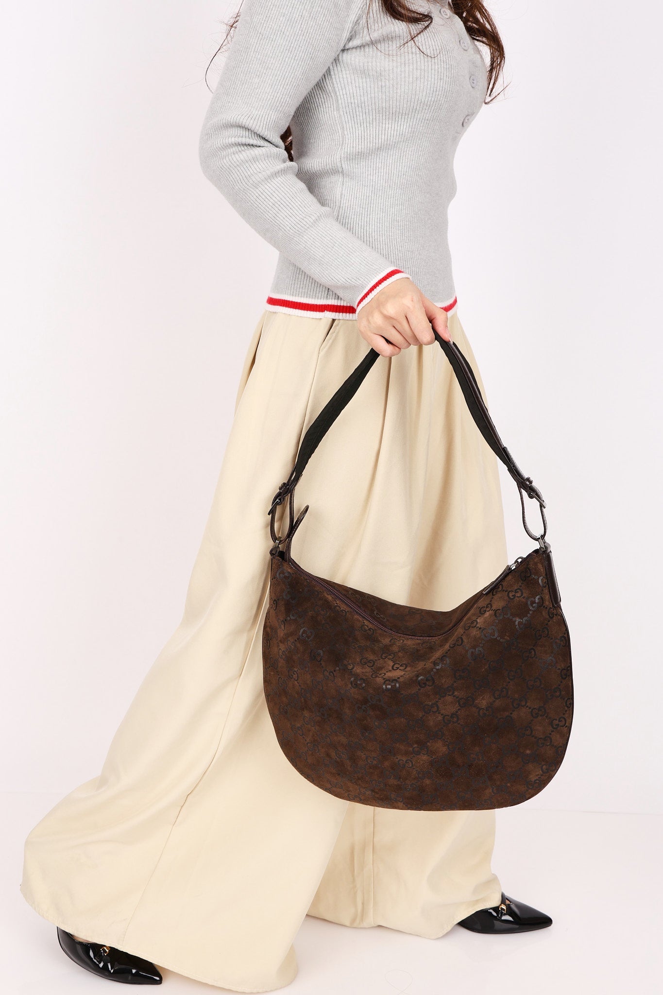 Gucci Monogram Shoulder Bag Brown Suede