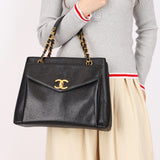 Chanel Turnlock Front Pocket Shoulder Bag Black Caviar 24K GP