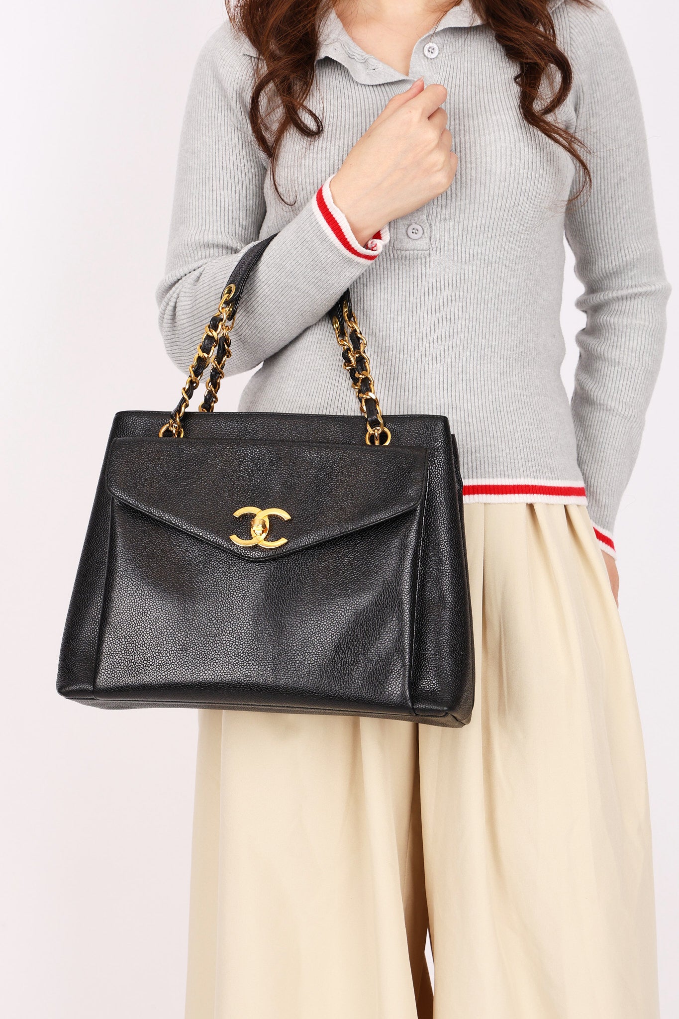 Chanel Turnlock Front Pocket Shoulder Bag Black Caviar 24K GP