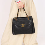 Chanel Turnlock Front Pocket Shoulder Bag Black Caviar 24K GP