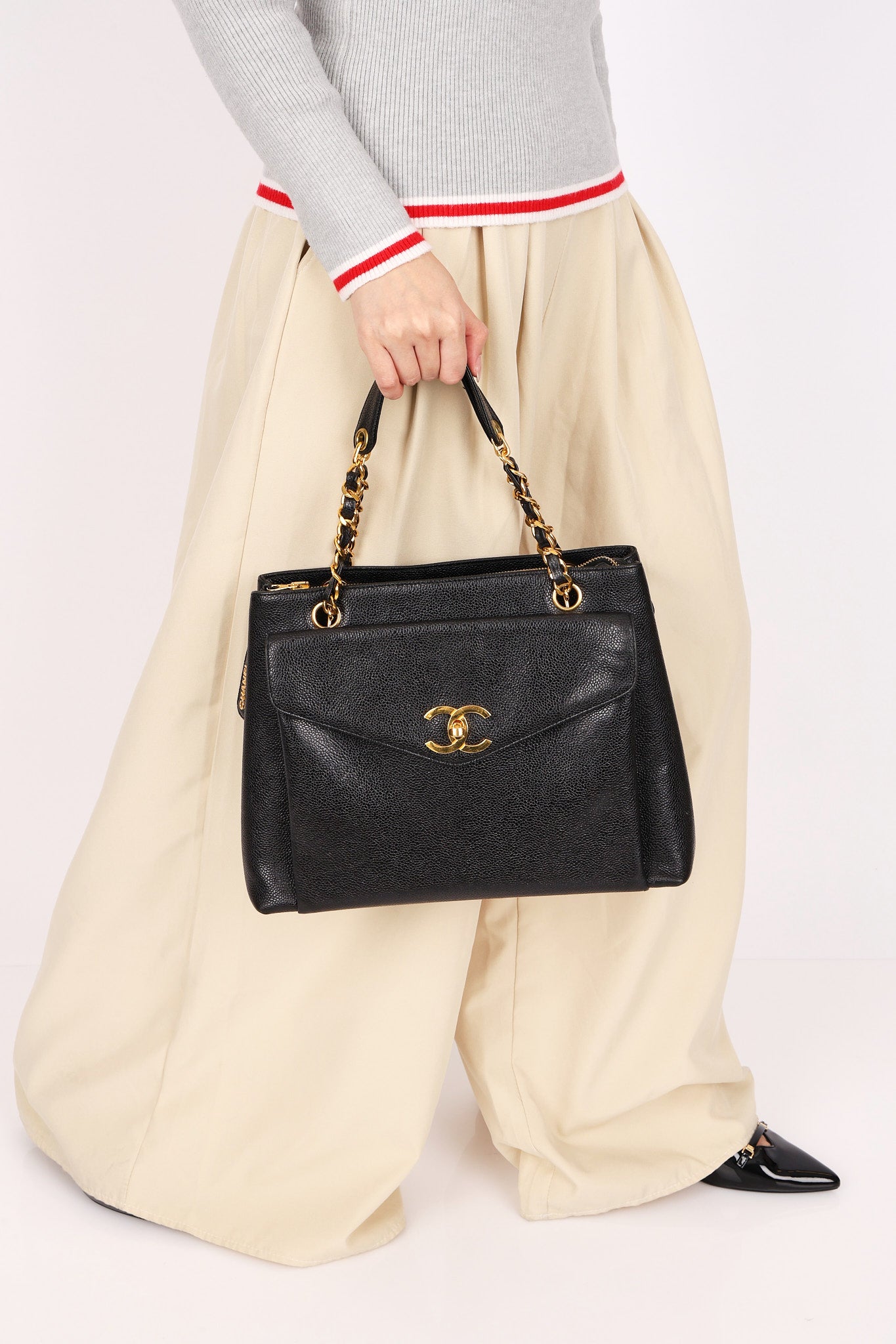 Chanel Turnlock Front Pocket Shoulder Bag Black Caviar 24K GP