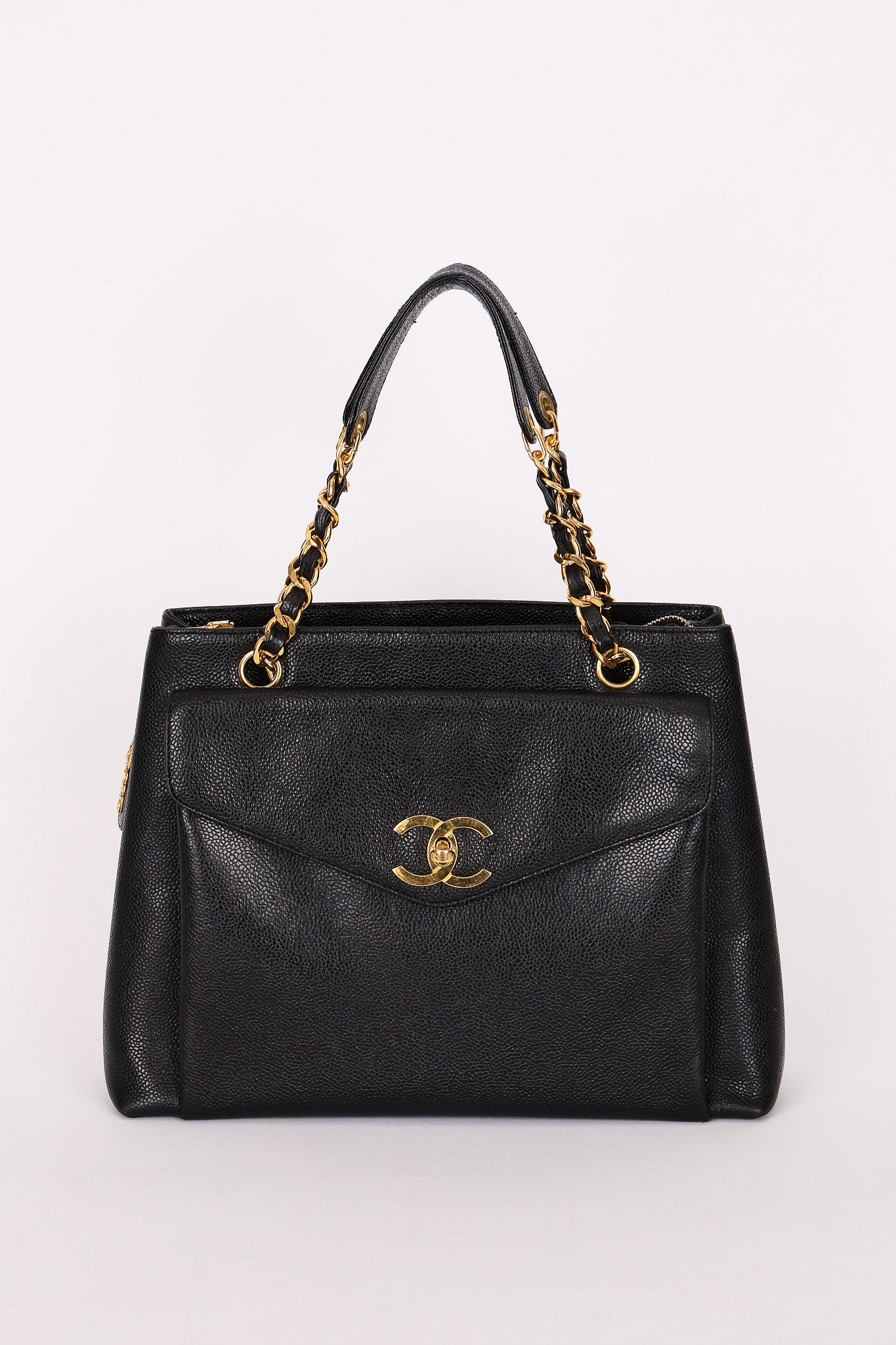 Chanel Turnlock Front Pocket Shoulder Bag Black Caviar 24K GP