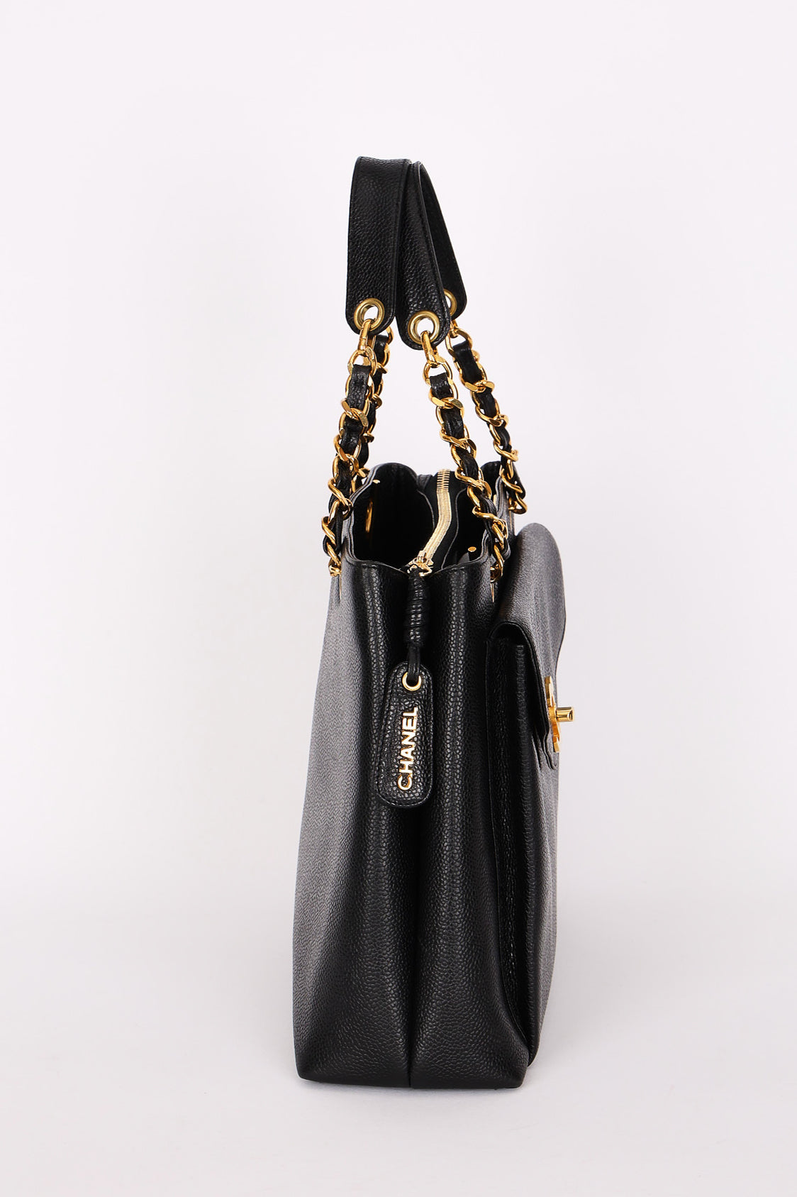 Chanel Turnlock Front Pocket Shoulder Bag Black Caviar 24K GP