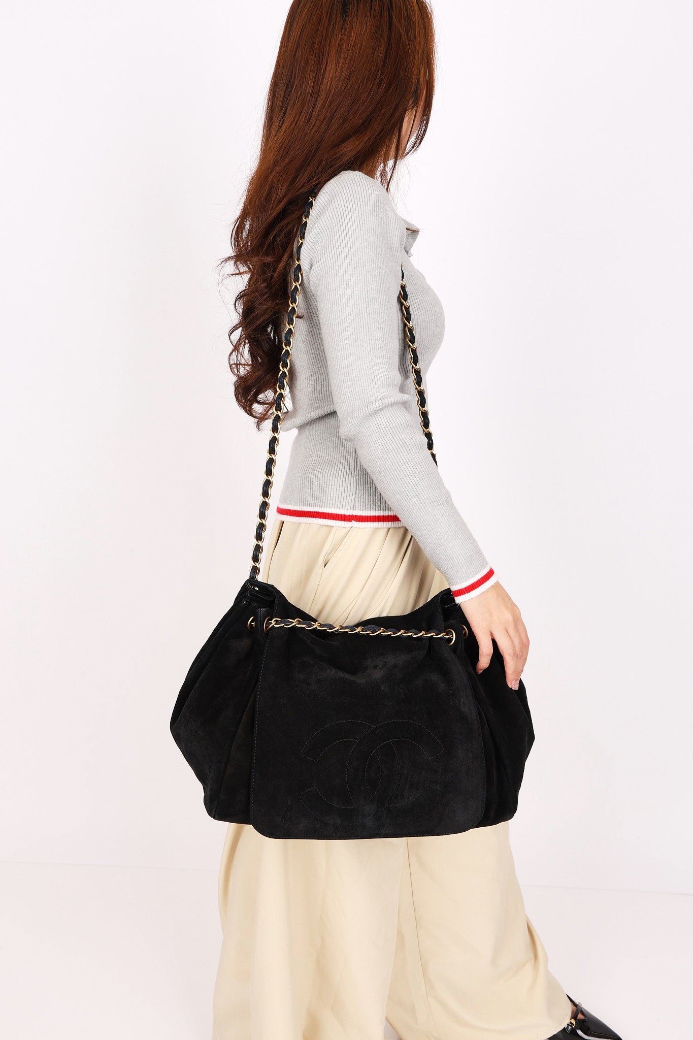 Chanel Accordion Flap Black Suede AGHW
