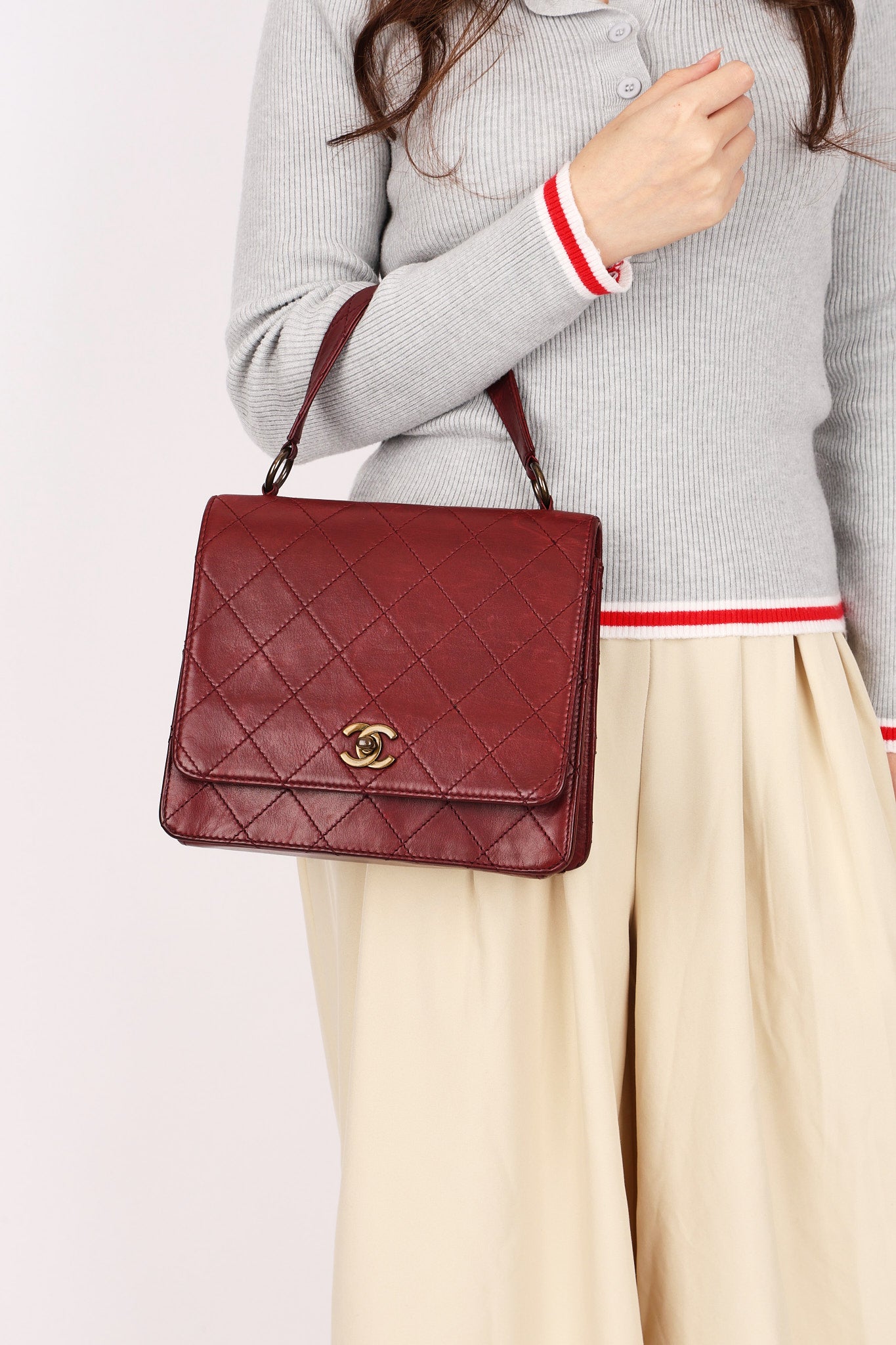 Chanel Turnlock Single Flap Top Handle Bordeaux Calfskin AGHW