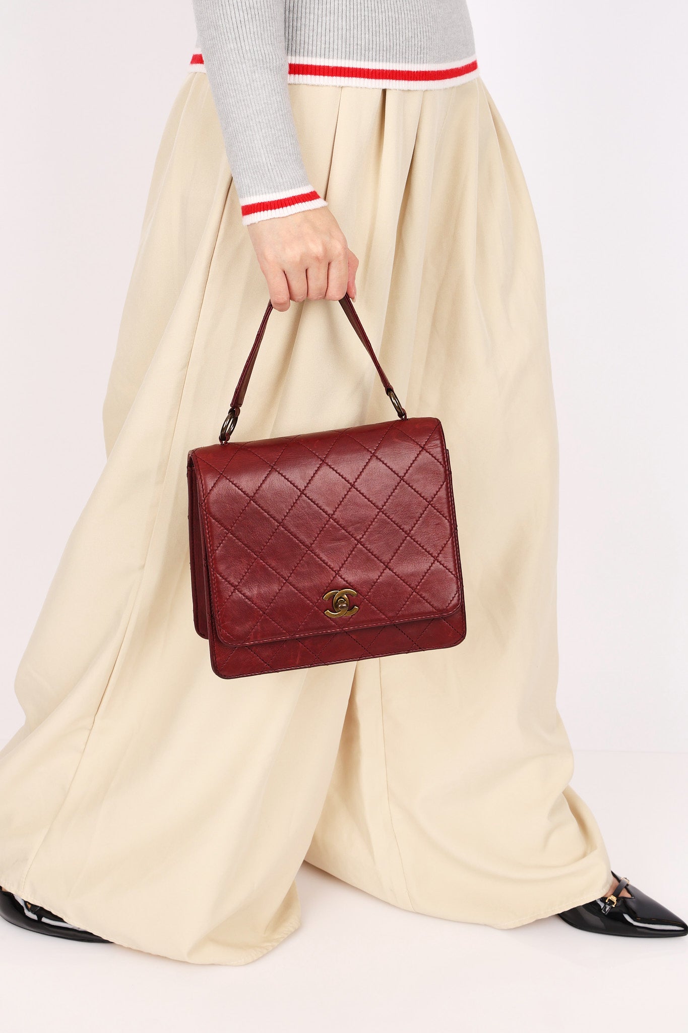 Chanel Turnlock Single Flap Top Handle Bordeaux Calfskin AGHW