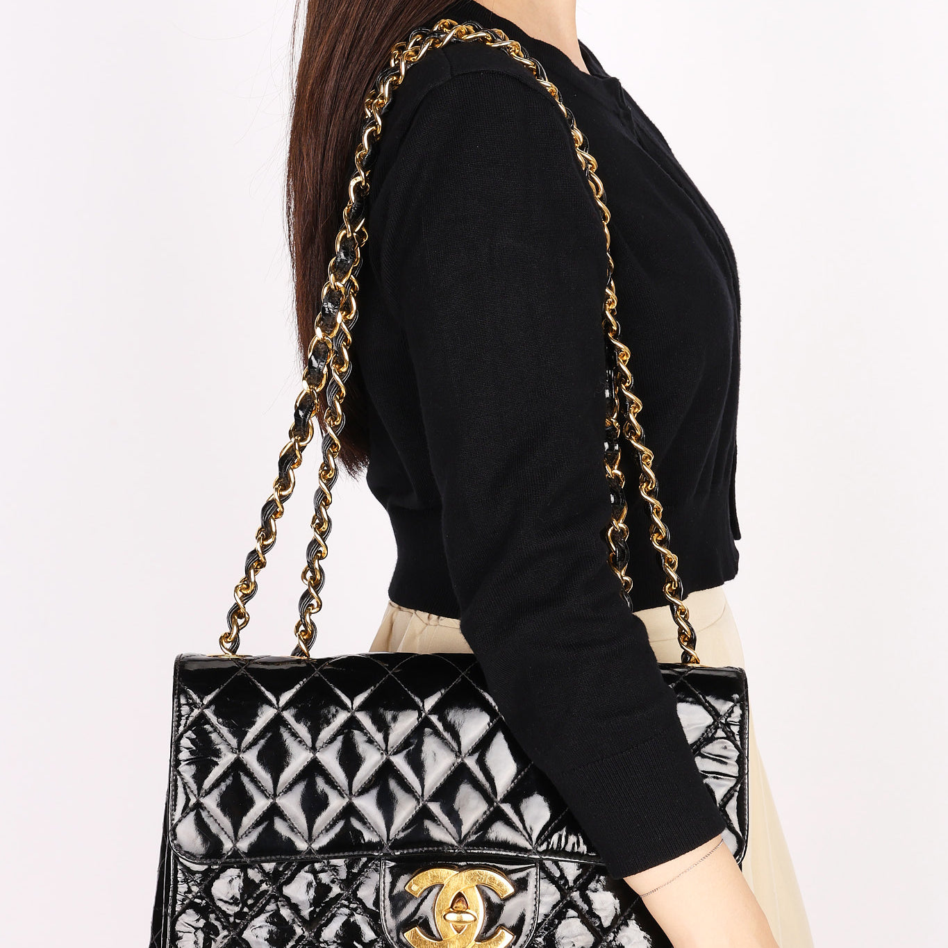 Chanel Jumbo Classic Single Flap Black Patent 1997 24K GP