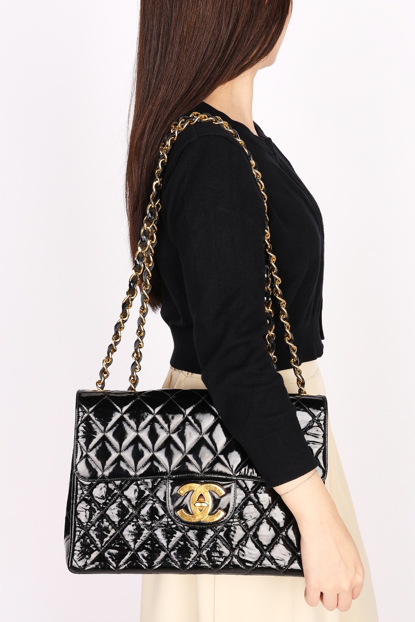Chanel Jumbo Classic Single Flap Black Patent 1997 24K GP